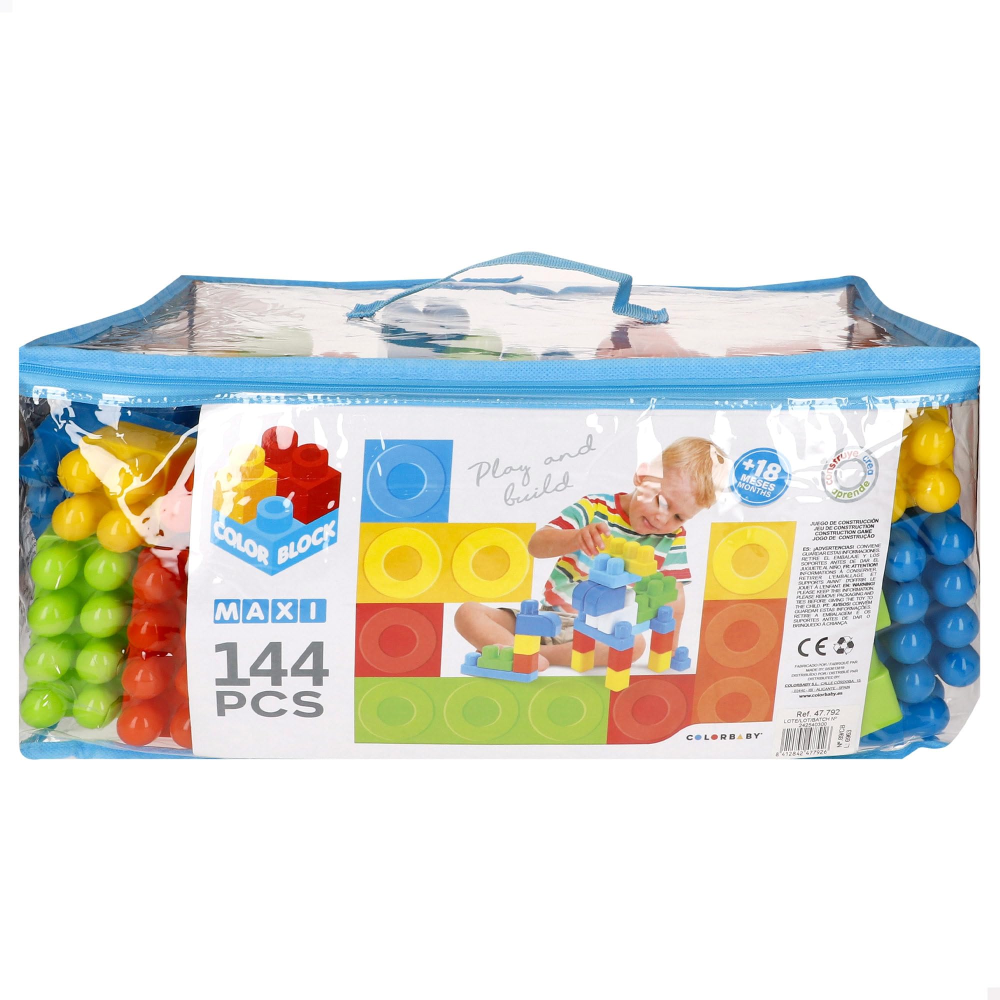 ColorBaby 47792 Color Block Bloques construcción para niños, Incluye 144 Piezas Maxi, Tamaño Grande, Colores Diversos, Juegos educativos, Juguetes Infantiles, A Partir de 18 Meses