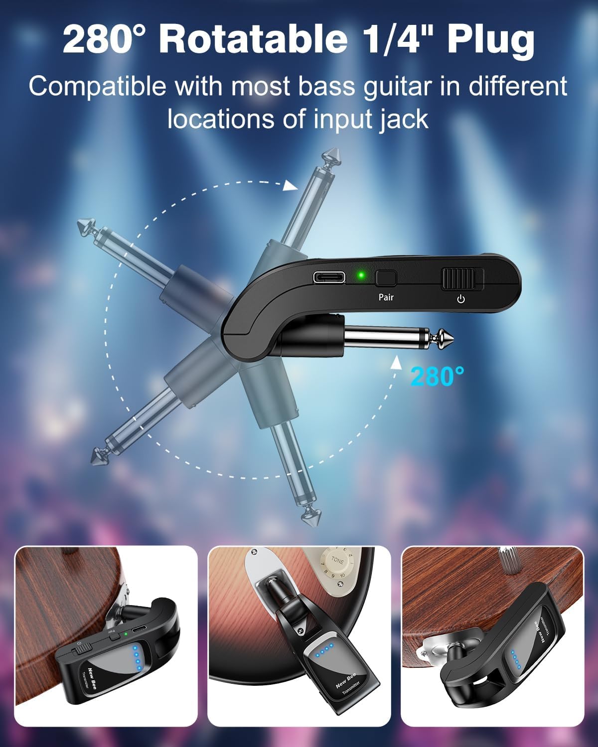 New bee Système de Guitare Sans Fil,New Bee 2.4GHz avec 6 Canaux émetteur Récepteur de Guitare Sans Fil Rechargeable pour Guitares, Basse et Instruments électriques(Nior)