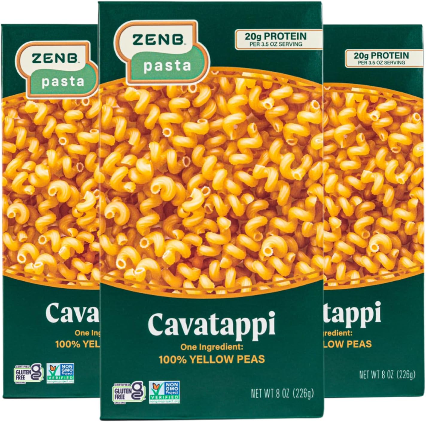 ZENB Plant-Based Cavatappi - Pasta Made From 100% Yellow Peas, Gluten Free, Non-GMO & Vegan, Less Carbs than Traditional Pastas, 20g Protein & 12g Fiber In Every 3.5 oz Serving - 8 oz Boxes (Pack of 3)