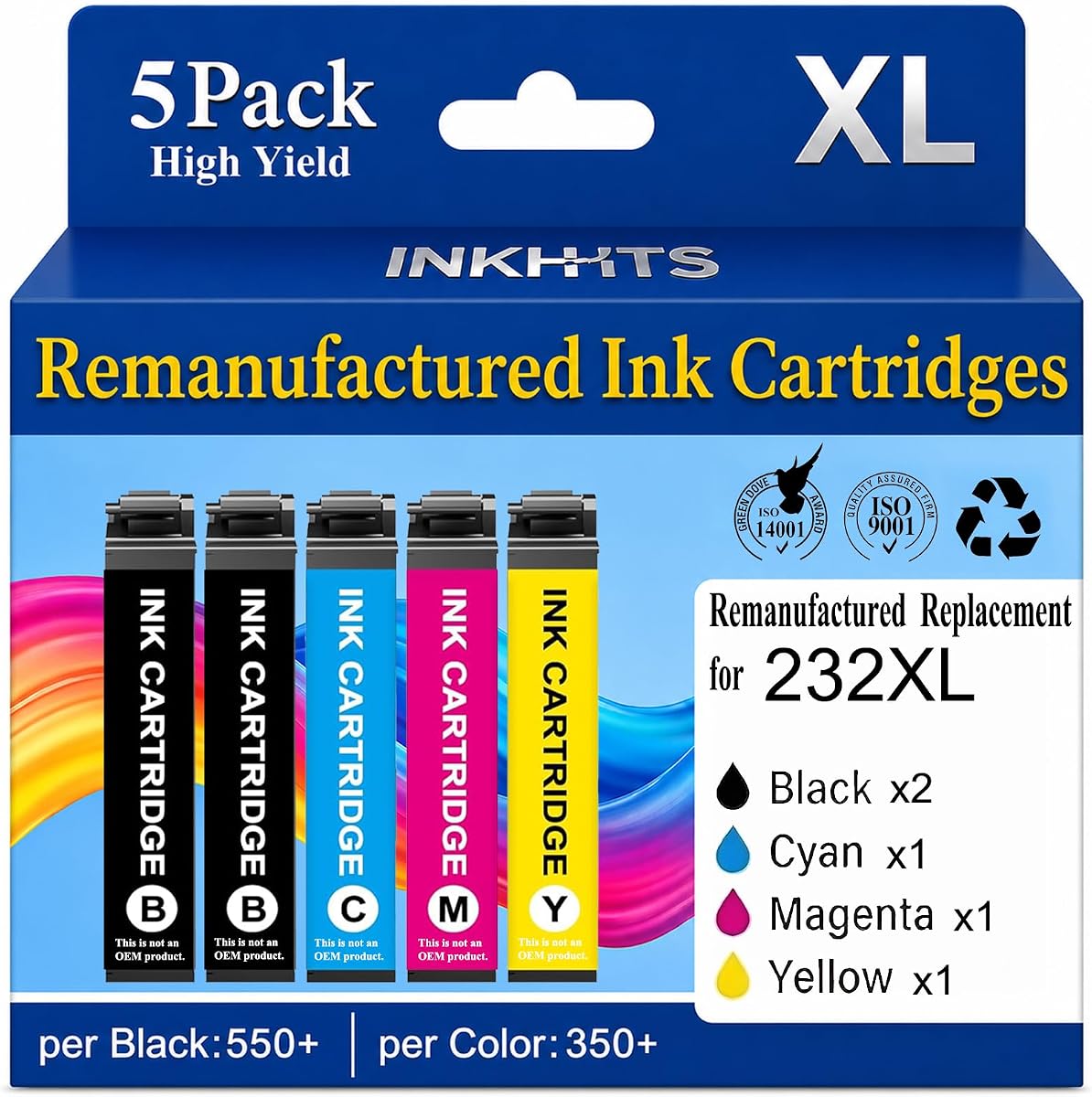 Remanufactured Replacement for Epson 232XL Ink Cartridge Combo Pack | Compatible for 232 Ink Works with XP-4200 XP-4205 WF-2930 WF-2950 Printer (5 Pack, Black Cyan Magenta Yellow)