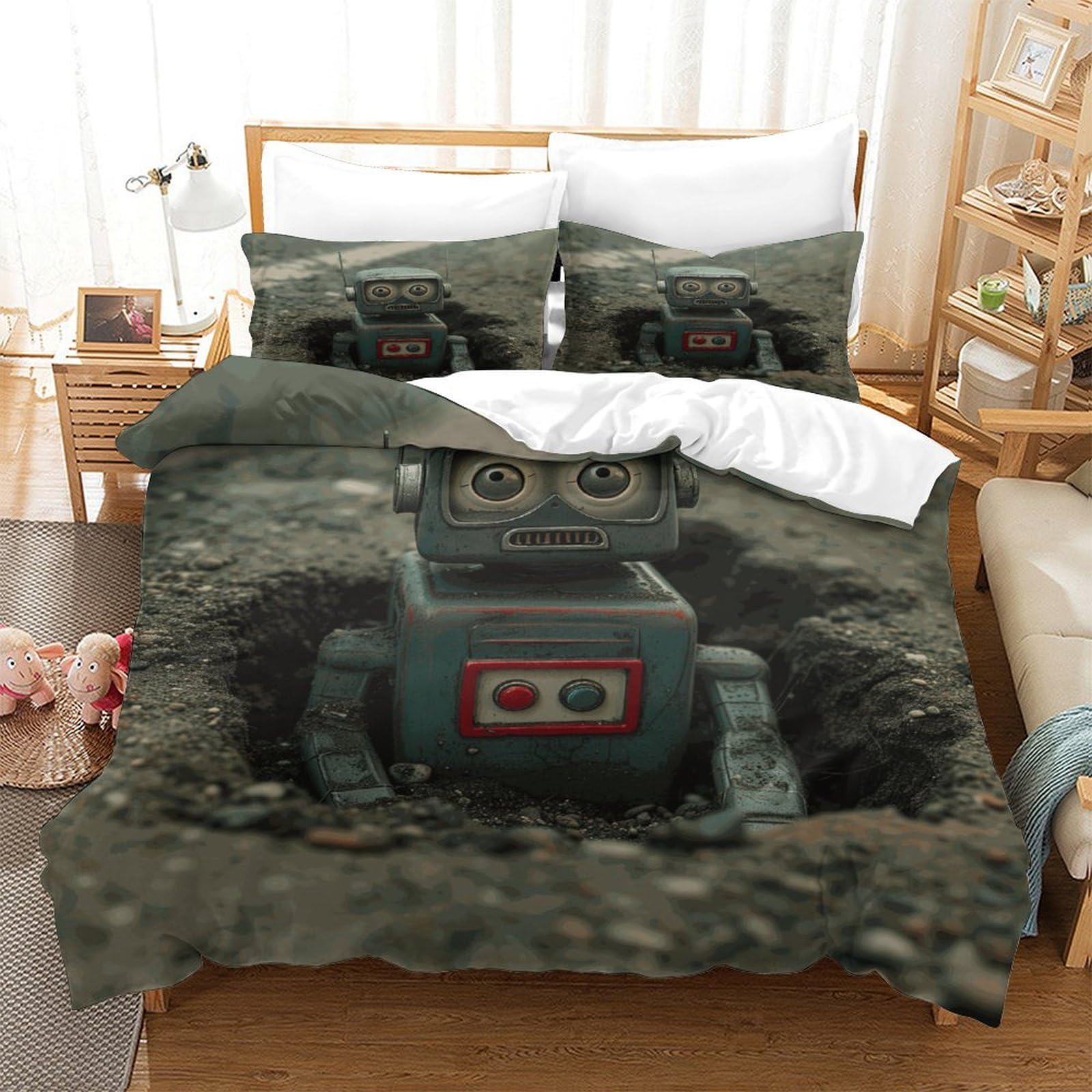 P1S9U7W5Y 3D Printed Retro Robot Microfiber 3pcs Duvet Cover Set Digital Mechanical Bedding Set King（220x240cm）