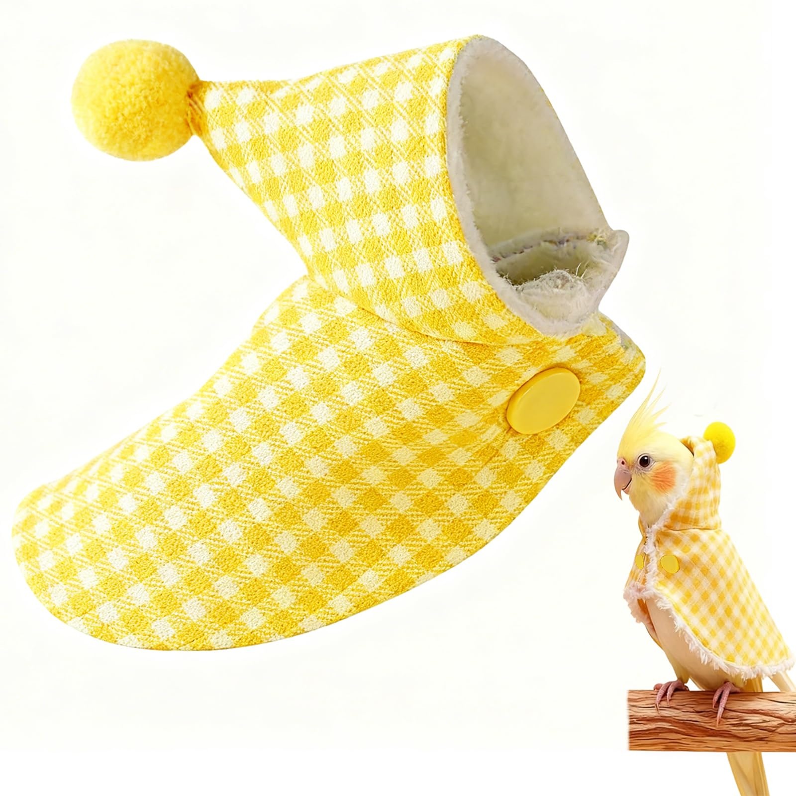 1 Pcs Parrot Clothes, Yellow Checkered Cape for Small Birds, Clothes Hoodies for Parrot, L Size Lamb Wool and Polyester Blend, Parrot Winter Plush Cloak with Hat, Snap Button Style