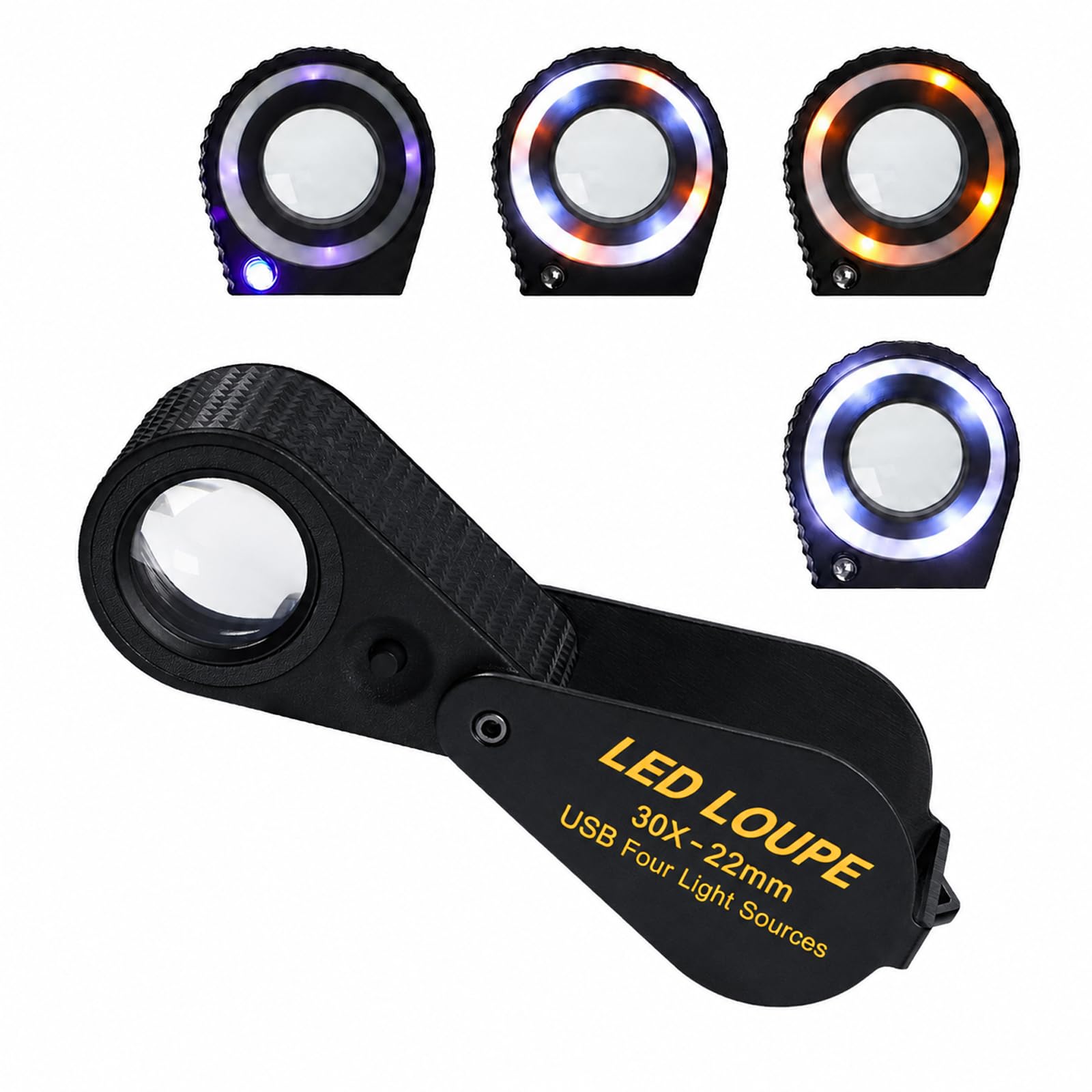 Illuminated Jewelers Loupe 30x, Rechargeable Jewelry Magnifier Hastings Triplet LED Loupe with UV & LED Light, Jewelry Magnifying Glass for Gem, Stamp, Diamond (4 Lights Mode)