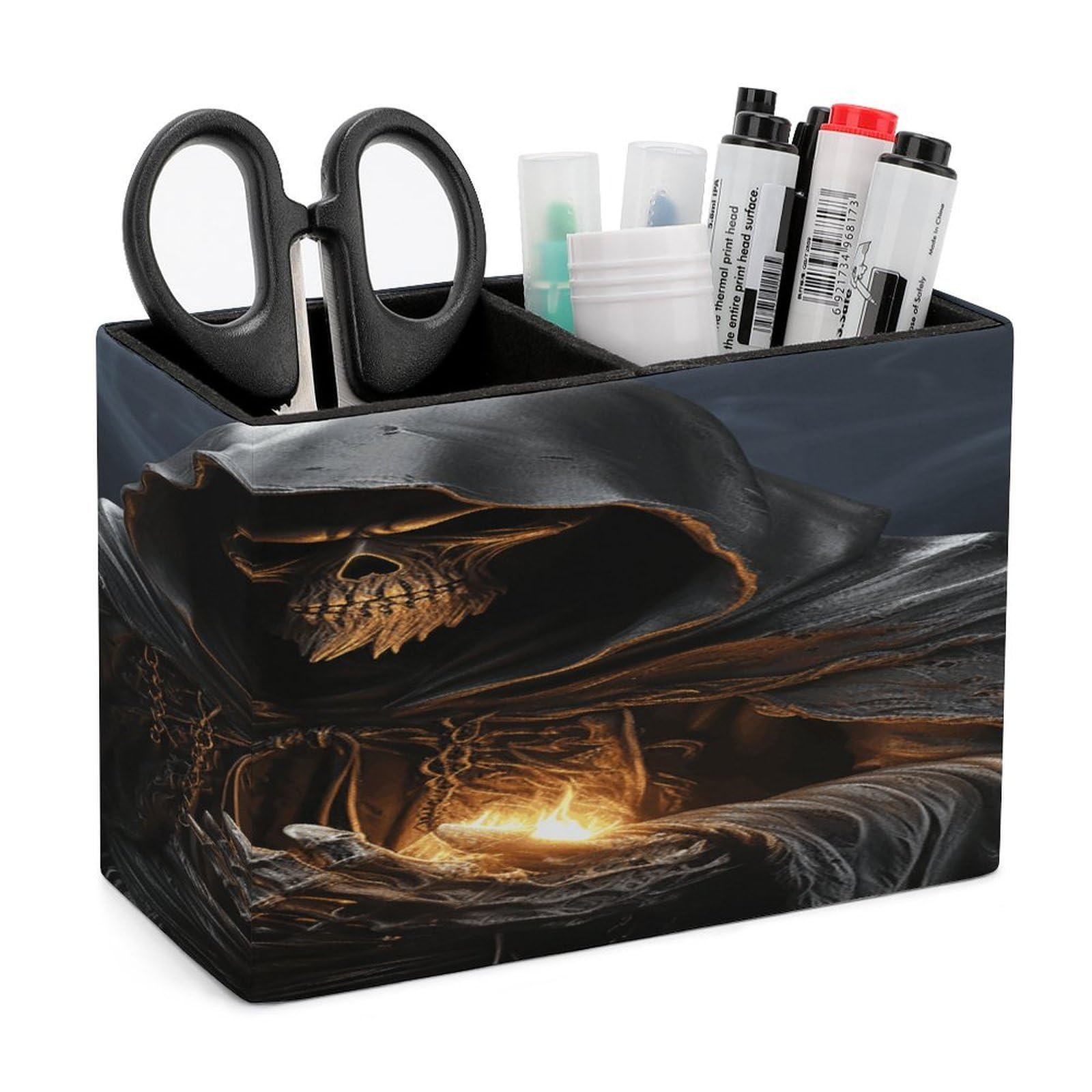 VstaDank Grim-Reaper Pencil Holder for Desk Organizer 2 Compartments Pen Cup Leather Square Pen Holder Pencil Cup Stand Makeup Brush Holders for Desktop Organizer Storage Case