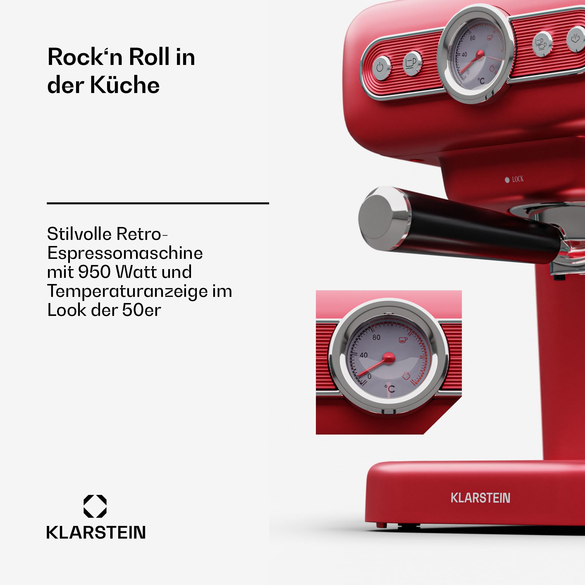 Klarstein Espressomaschine mit Siebträger, 950 W, 1,2 L, Edelstahl, Retro Mini-Espressomaschine für Cappuccino, Latte & Macchiato