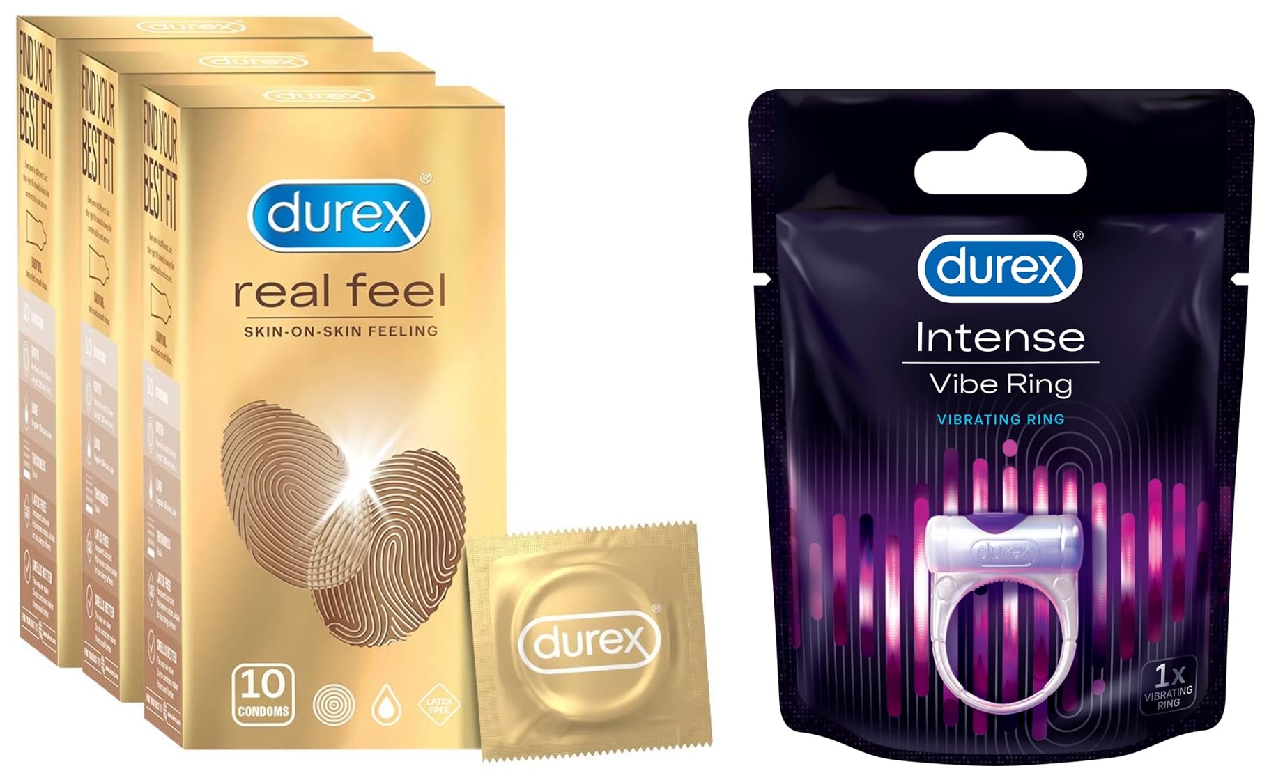 Durex Real Feel Condoms for Men - 10 Count (Pack of 3)| Latex Free & Durex Intense Vibe Ring for Extra Pleasure for Men & Women | Compatible with Condoms & Lubes-picture-24