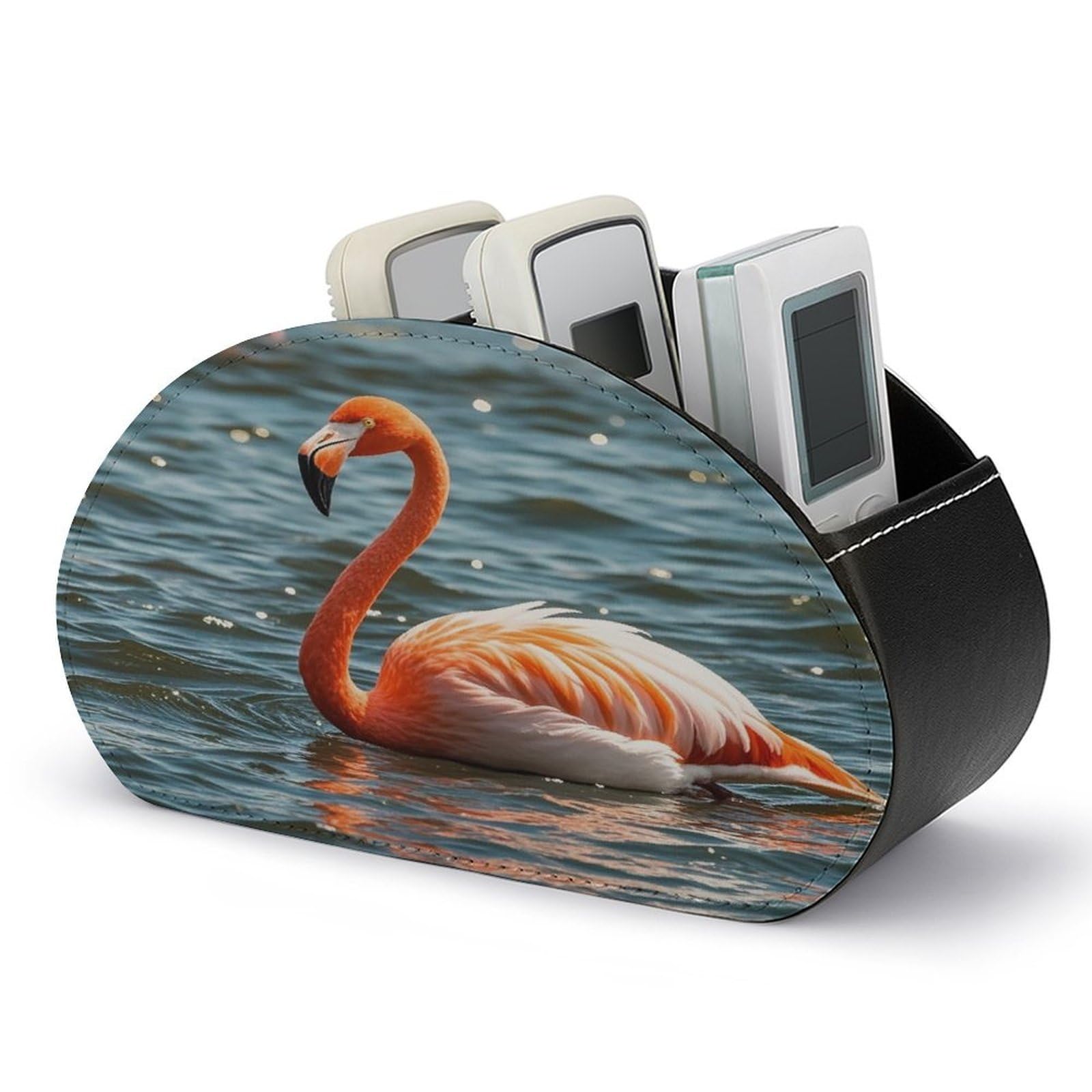 LZQPOEAS Flamingo Remote Control Holder with 5 Compartments PU Leather Remote Organizer Box Caddy for Table Nightstand Remote Caddy Desktop Organizer Fits Media Controllers