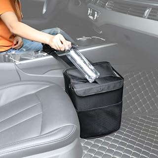 PowerTiger CAR ACCESSORIES Hanging Car Trash Can Bin - Car Garbage Cans Bag with Lid & 3 Mesh Storage Pockets 2.64 Gallon