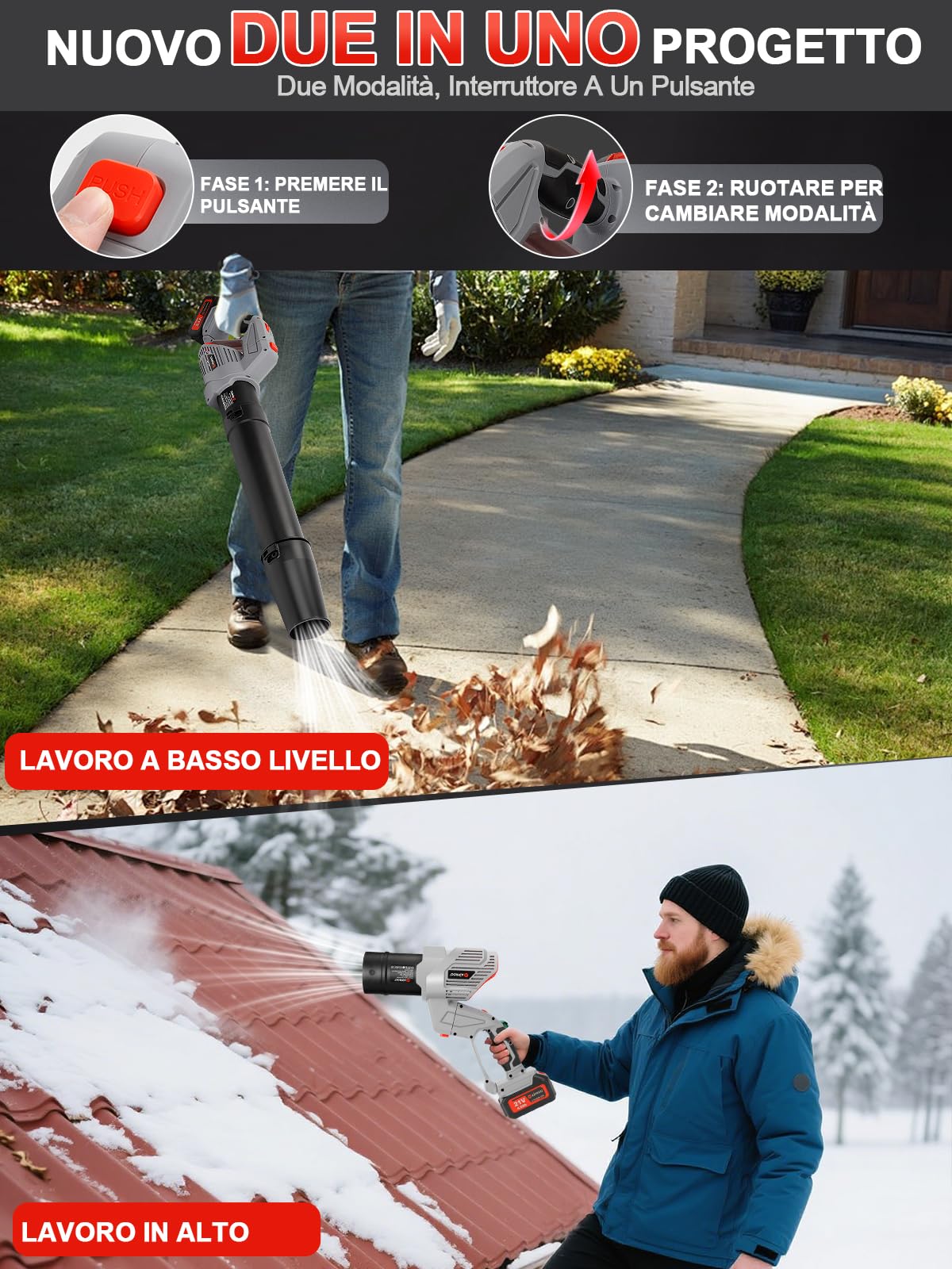 Soffiatore per foglie senza fili, modalità Turbo, 1189m³/h, 21V, soffiatore a batteria 5 marce con 2 batterie da 4,0Ah e caricabatteria,rotazione di 180°per la pulizia di prato,cortile,garage e patio