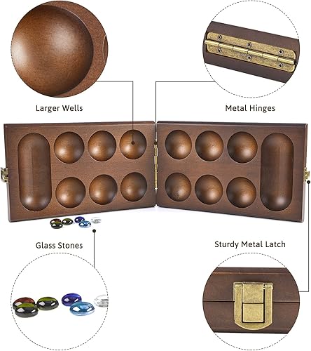 Miniatura 5 de AMEROUS Juego de mesa de madera de Mancala con 72+8 piedras de cristal multicolor – Tabla plegable – Instrucciones de Mancala, juego de mesa clásico