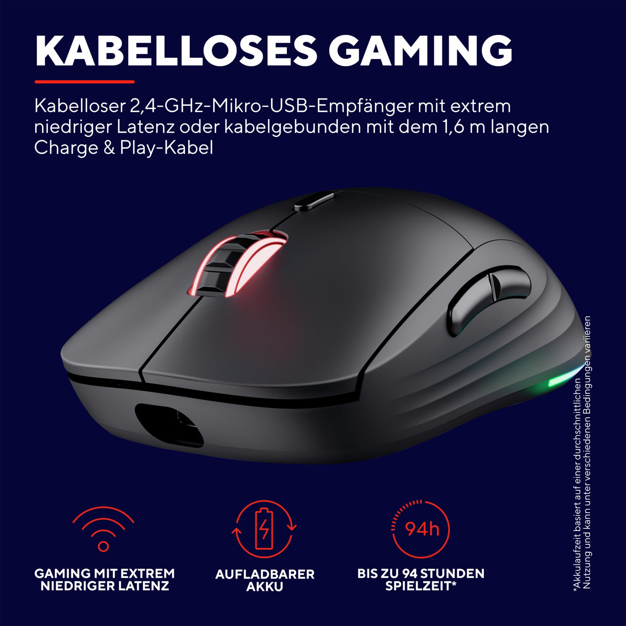 GXTrust Redex+ Gaming Maus Kabellos 25K DPI 2.4GHz Kailh-Schalter, Schwarz | 94 Stunden Akkulaufzeit, 6 Programmierbare Tasten, RGB Wiederaufladbar, Laptop Computer