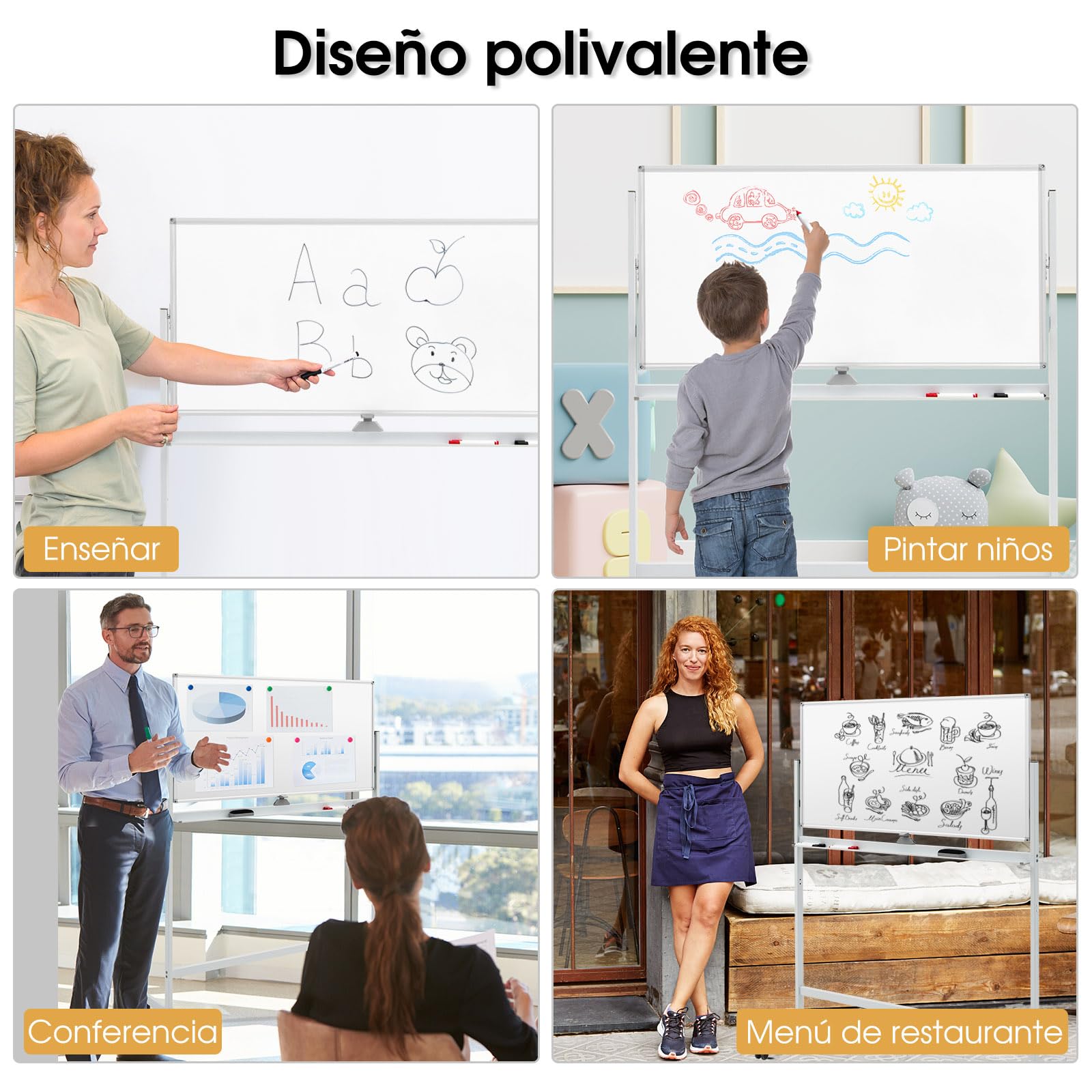 GOPLUS Pizarra Blanca Altura Ajustable en 2 Posiciones, Pizarra Blanca Magnética Giratoria de 360° con 4 Ruedas Universales, Tabla Borrable de 120x60 cm, para Escuela, Sala de Reuniones (Blanco)