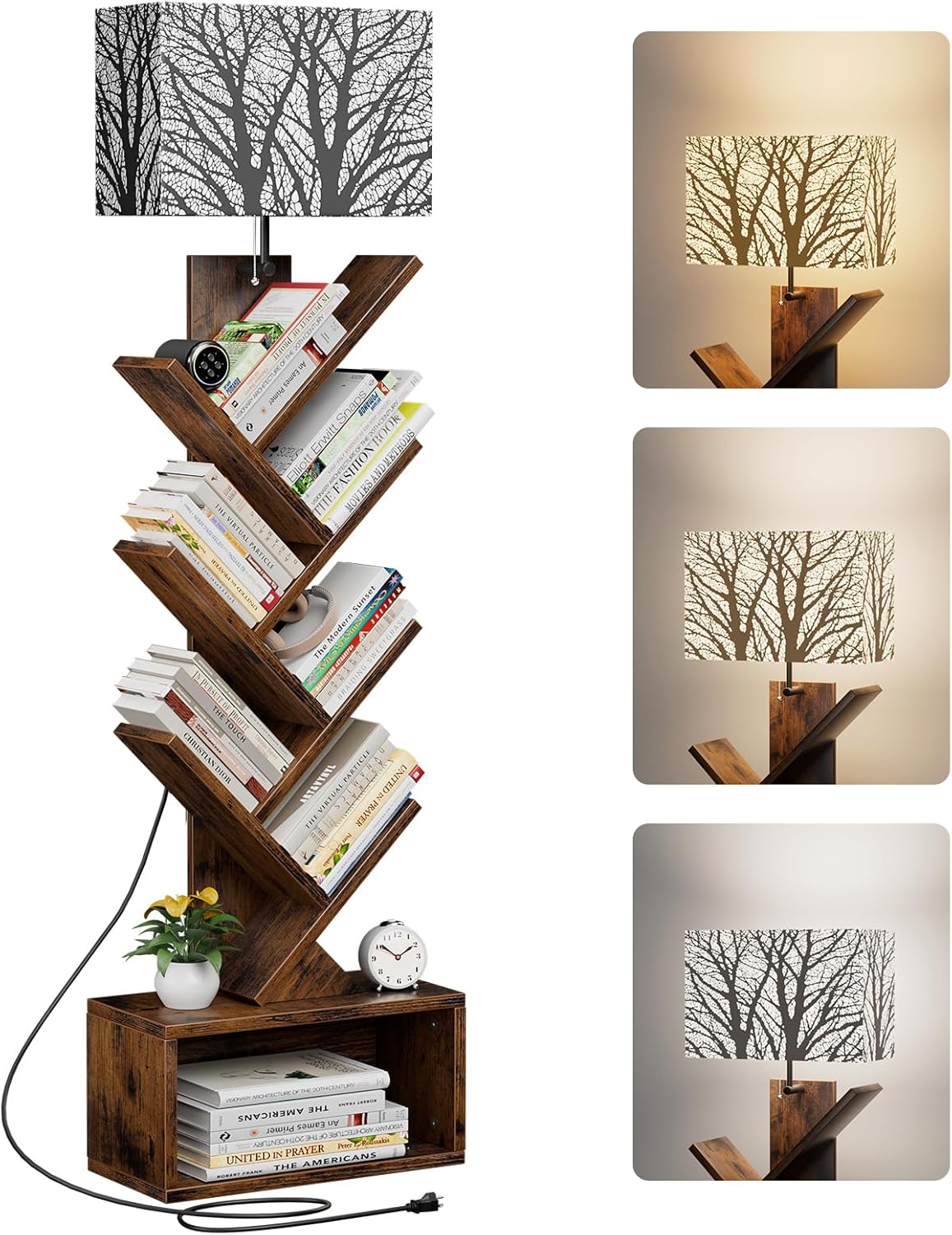 Tree Bookshelf with Light, 6 Tier Small Bookcase, Narrow Floor Standing Book Tower Organizer with Storage Cabinet for Living Room, Bedroom & Home Office, Rustic Brown