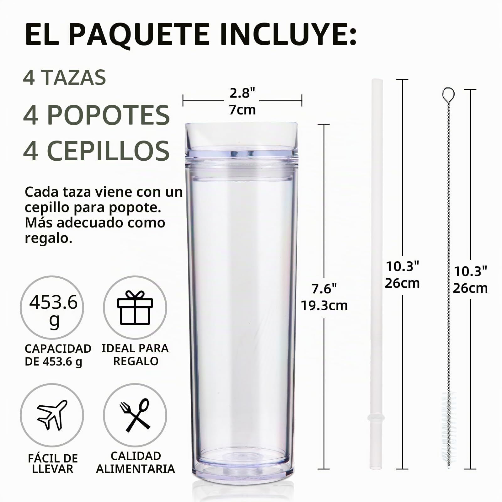 Volhoply Vasos delgados de plástico de 16 onzas, paquete de 10 unidades, vaso de doble pared con tapa y popote, tazas de café helado acrílico mate sin BPA con popote, taza reutilizable de 480 ml para
