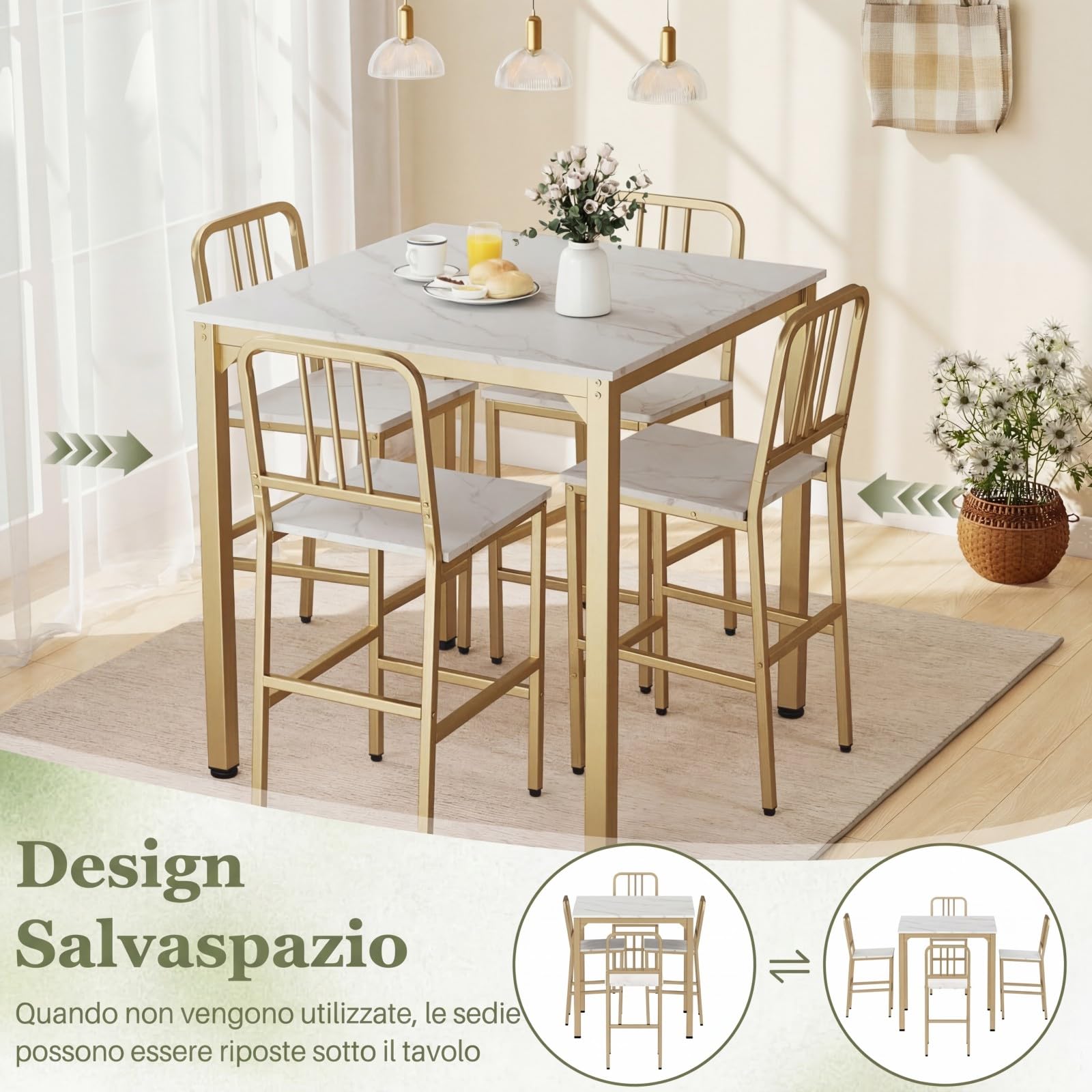 COSTWAY Set da Pranzo per 4 Persone, Set Cucina Bar 5 Pezzi con Superficie in Finto Marmo, Tavolo Quadrato in Legno e 4 Sgabelli Alti per Angolo Colazione e Sala da Pranzo (Bianco)