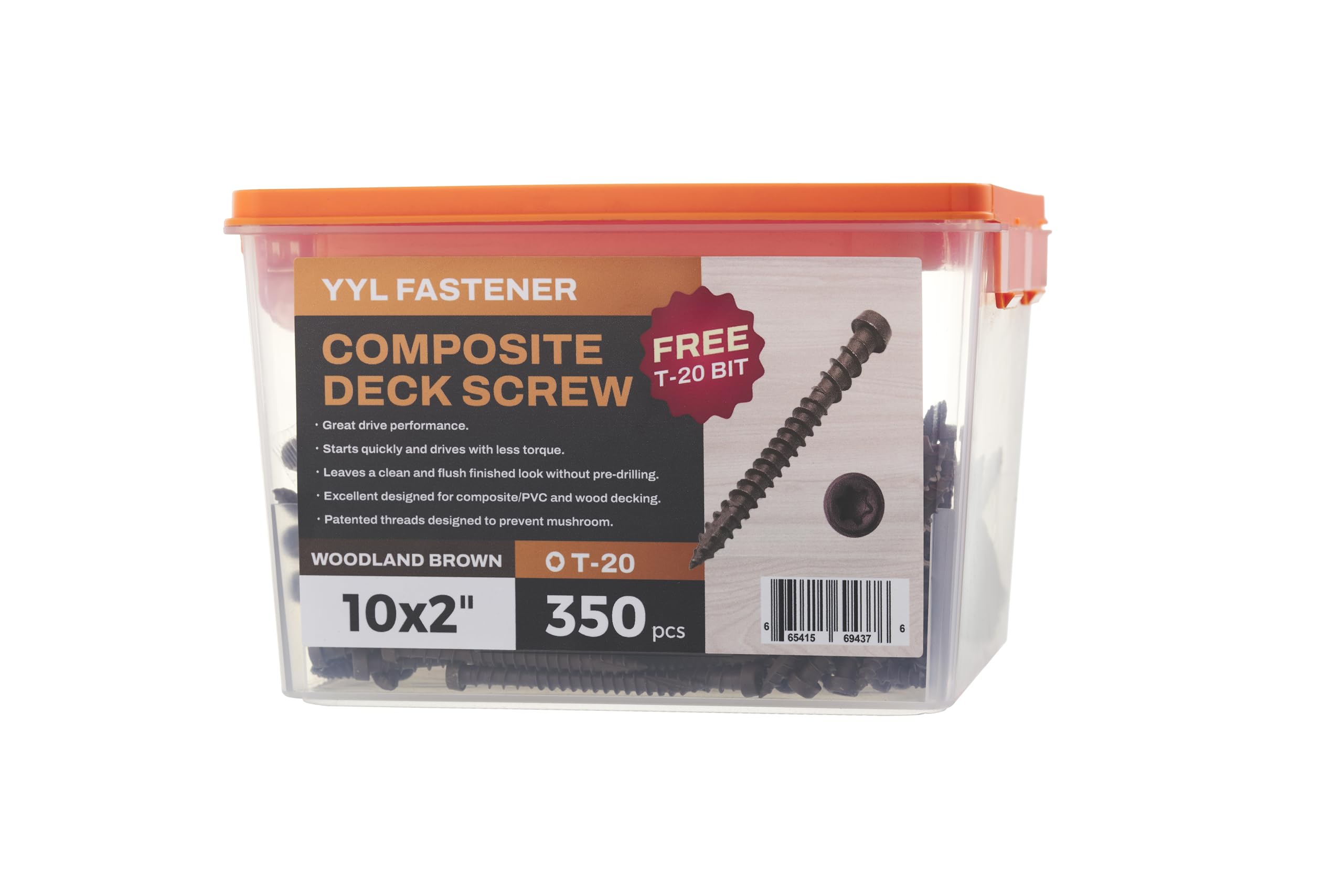 Coated Composite Deck Screws #10 x 2, Self Tapping Wood Screws and Deck Screws with Torx T20 Star Drive, Type 17 Point, Flat Head, 1 Free Bit Included (Woodland Brown, 350), by YYL FASTENER
