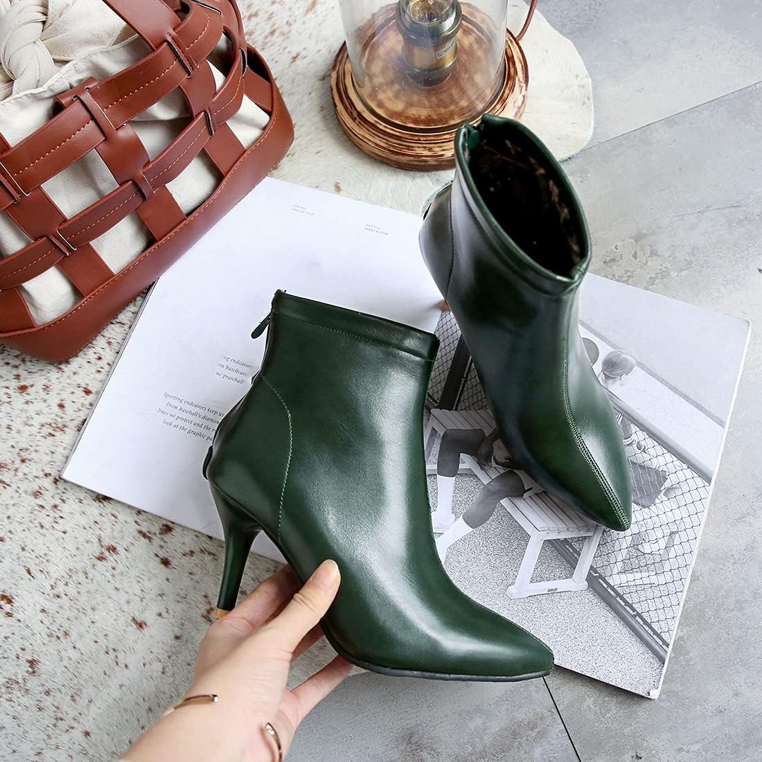 VOKLIN Women's Fashion Pointed Toe Dressy Ankle Boots Back Zipper Stilettos High Heel Elegant Short Booties