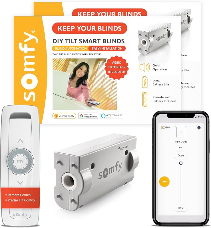 Somfy Clever Tilt Blind Motor Kit 2 Pack - Fits Your Existing 2" Horizontal Blinds - Smart Blinds for Security, Glare, & Natural Light - Automatic Blinds Opener - Includes Remote, Motor, and Charger