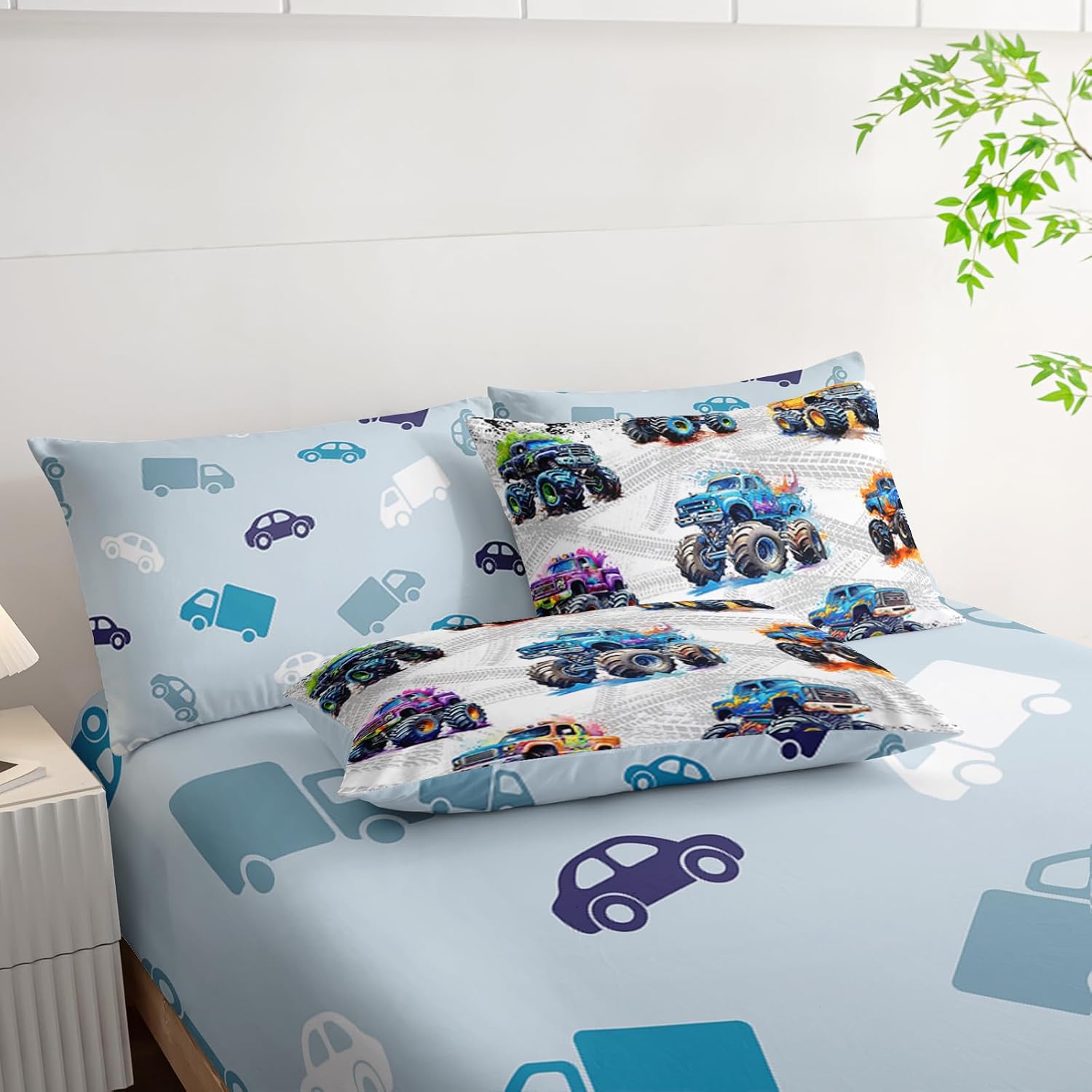 AILONEN 7-Piece Colorful Monster Truck Comforter Set Full Size,Featuring Cartoon Trucks Bedding Sets,Checkered Flag Bed in a Bag,Comforter & Fitted Sheet & Flat Sheet & 2 Pillowcases,2 Pillow Shams