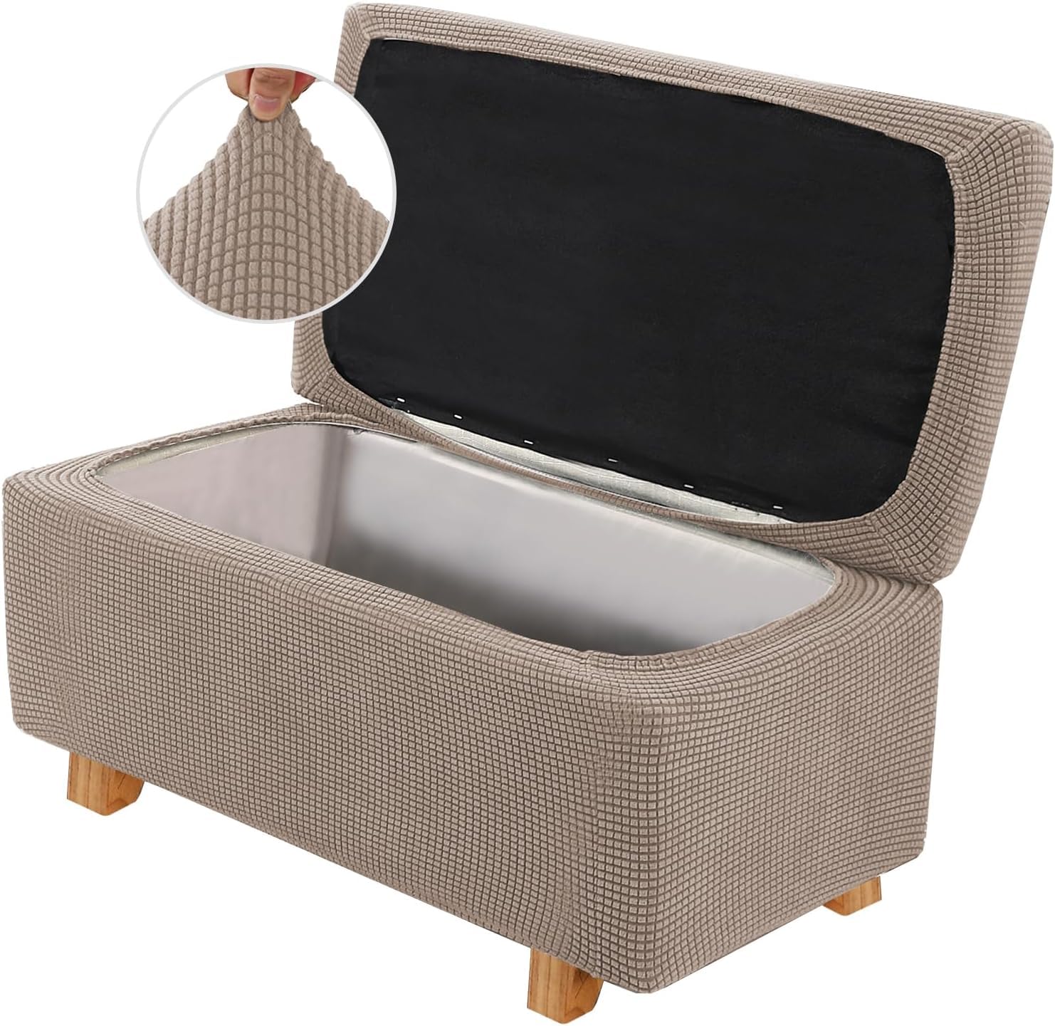 LINGKY 2 Piece Stretch Ottoman Cover Folding Storage Stool Cover Rectangle Foot Rest Slipcover with Elastic Bottom, Checks Spandex Jacquard Fabric (Sand,Large)