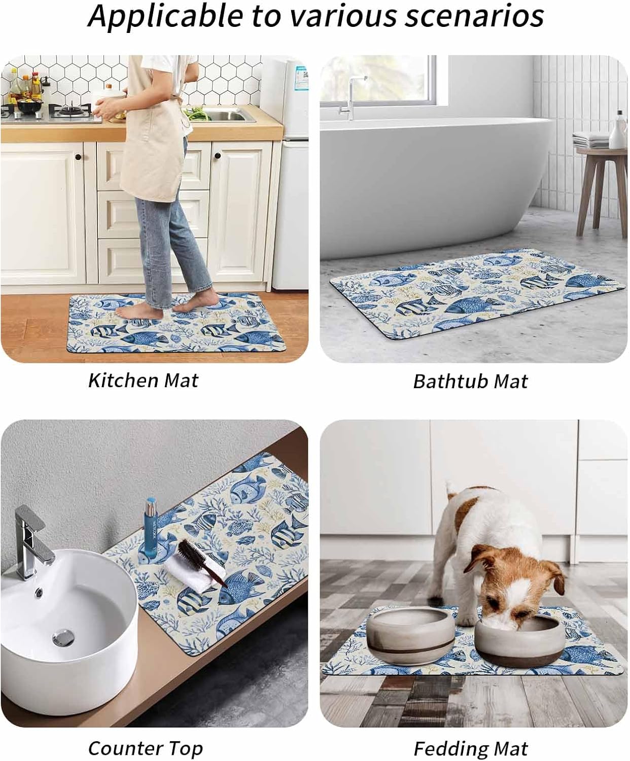 Bath Rugs, Coastal Blue Tropical Fish Coral Absorbent Diatomaceous Earth Bath Mat Quick Drying Non Slip Washable Shower Mat 24x36IN, Summer Marine Life Doormat for Bathtub Kitchen Living Room