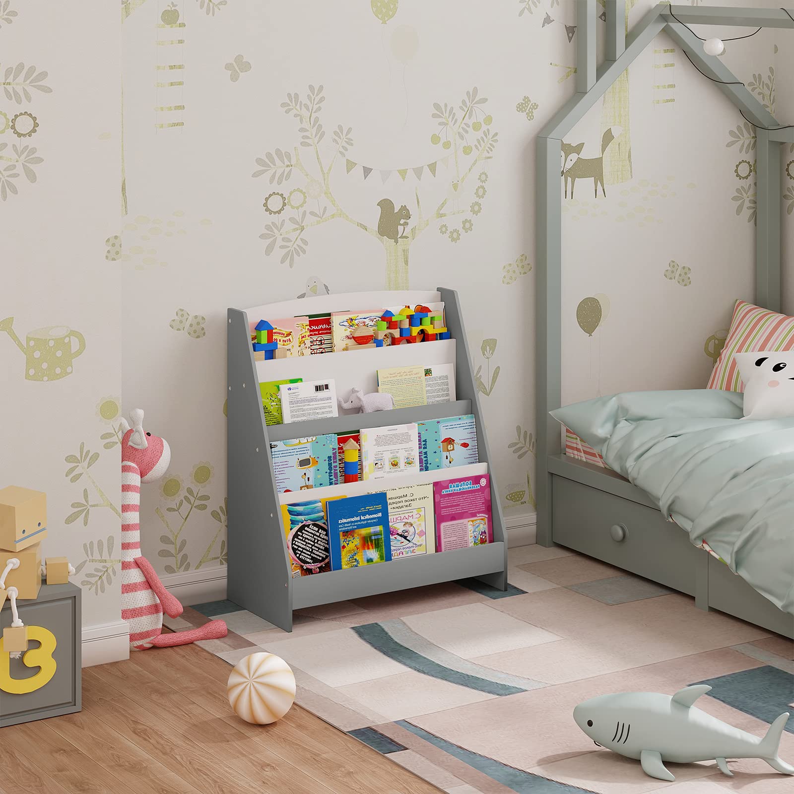 WOLTU Kinderboekenkast, staand rek, huisvorm, kinderrek, opbergrek voor kinderen, kinderkamerrek met 5 niveaus, speelgoedorganizer, speelgoedrek, wit, KR010