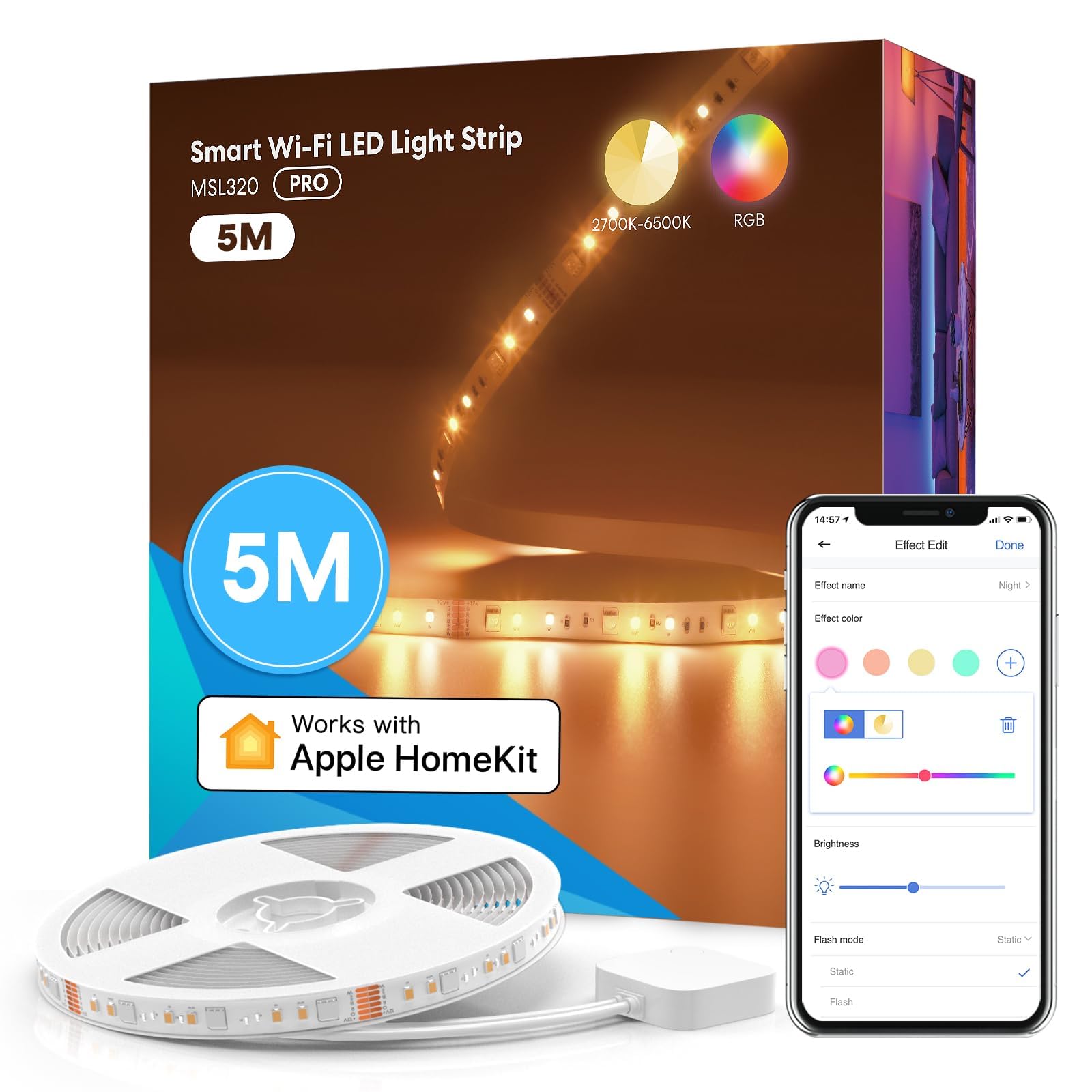 meross Led Strip 5m funktioniert mit Apple HomeKit, WLAN Led Streifen, Smart RGBWW Strip kompatibel mit Alexa und Google, für Zuhause, Party, Weihnachten
