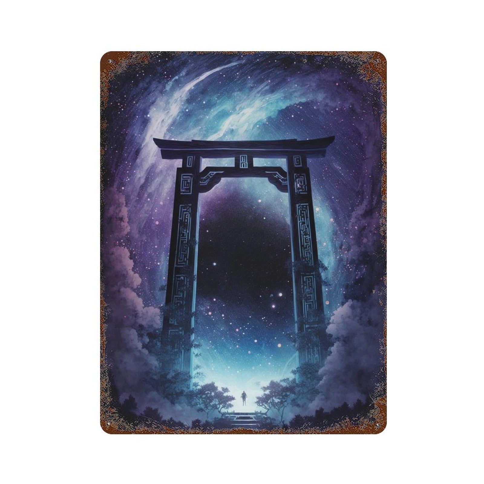 Rustic Tin Plaque Galactic Portal Gateway 15.7"x11.8", Vintage Wall Decor for Pub, Kitchen And Man Cave Decor
