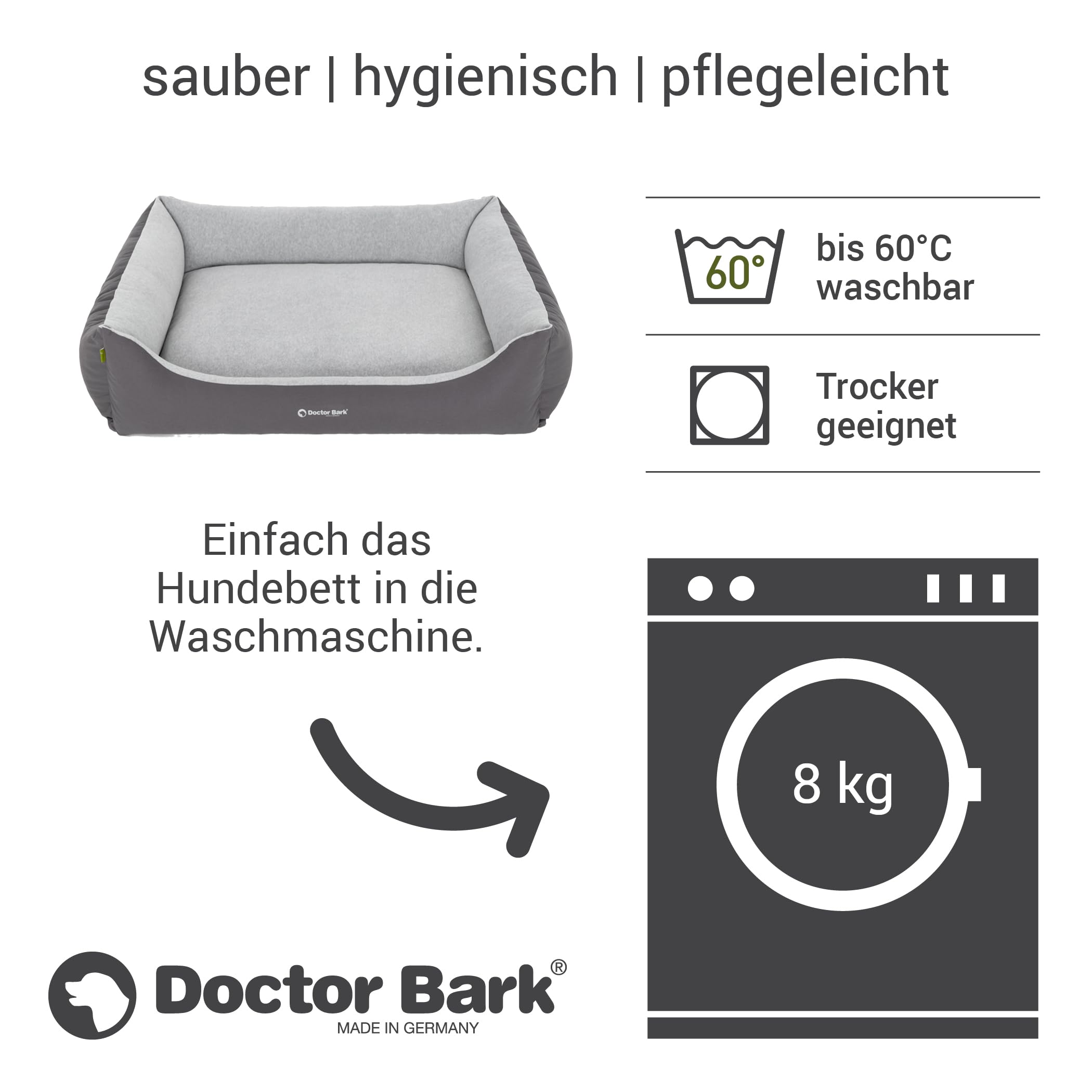 Doctor Bark GreenLabel - Cama para perros grandes, lavable, mullida, suave, duradera, suave, de GreenLabel (XL, 110 x 85 cm, gris)