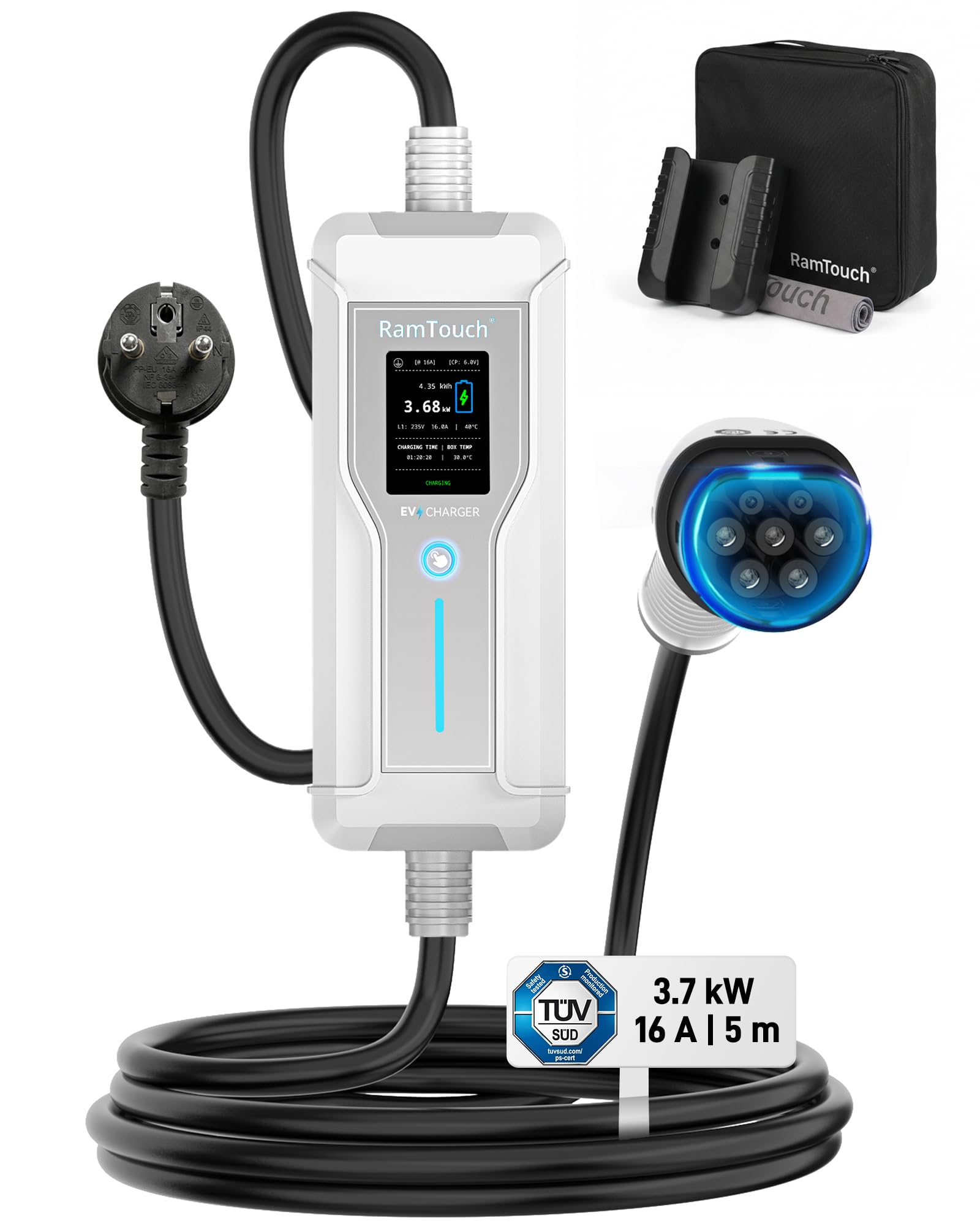 Caricatore Auto Elettrica (3,7 kW, 6 A - 16 A, 5 m, IP67) | Schuko a Tipo 2 | Cavo Ricarica Modo 2 con Display, Avvio Ritardato, Timer, RCD CA/CC, Wallbox Portatile per Veicoli EV e PHEV