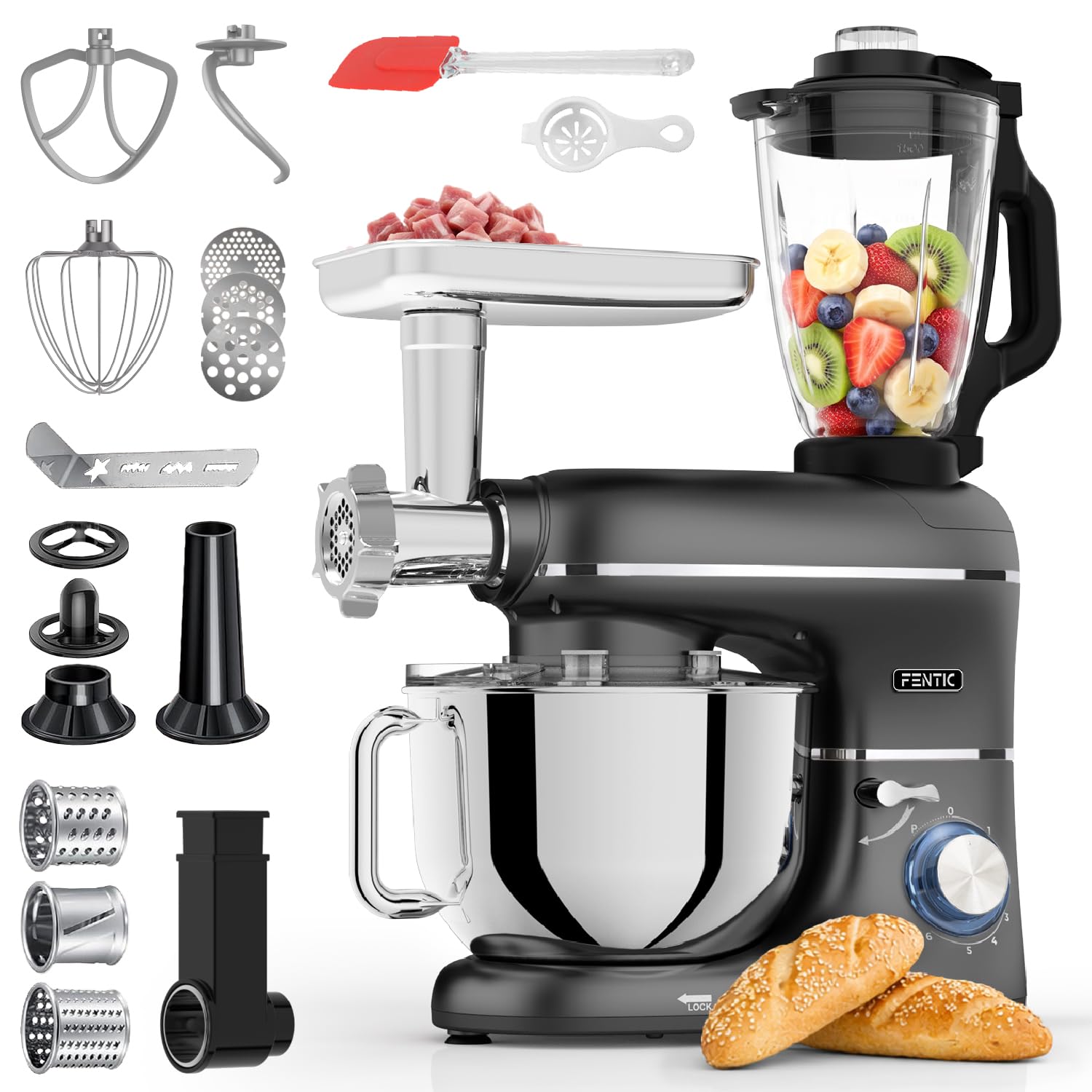 Fentic 6 en 1 Robot Pâtissier – 2000W - Av. Hachoir à Viande, Mixeur 1,5L, Cutter, Accessoires – Robot Cuisine Multifonctions Av. 6,2L Bol Mélangeur, Fouet, Crochet Pétrisseur, Batteur (Noir)
