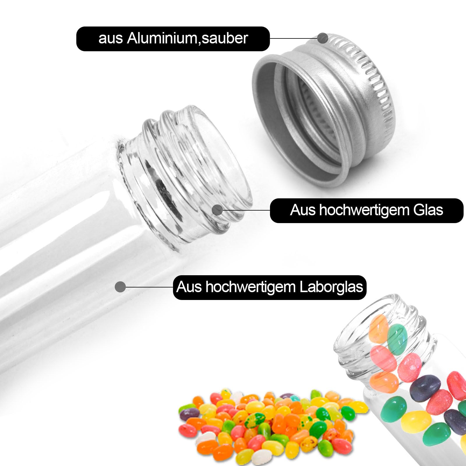 Reageerbuis met schroefsluiting, ZEEROQOLAB 60 stuks 10ml Kleine glazen fles met deksel van aluminium, heldere glazen flessen om te vullen, monsterflessen, met reinigingsborstel en zelfklevende