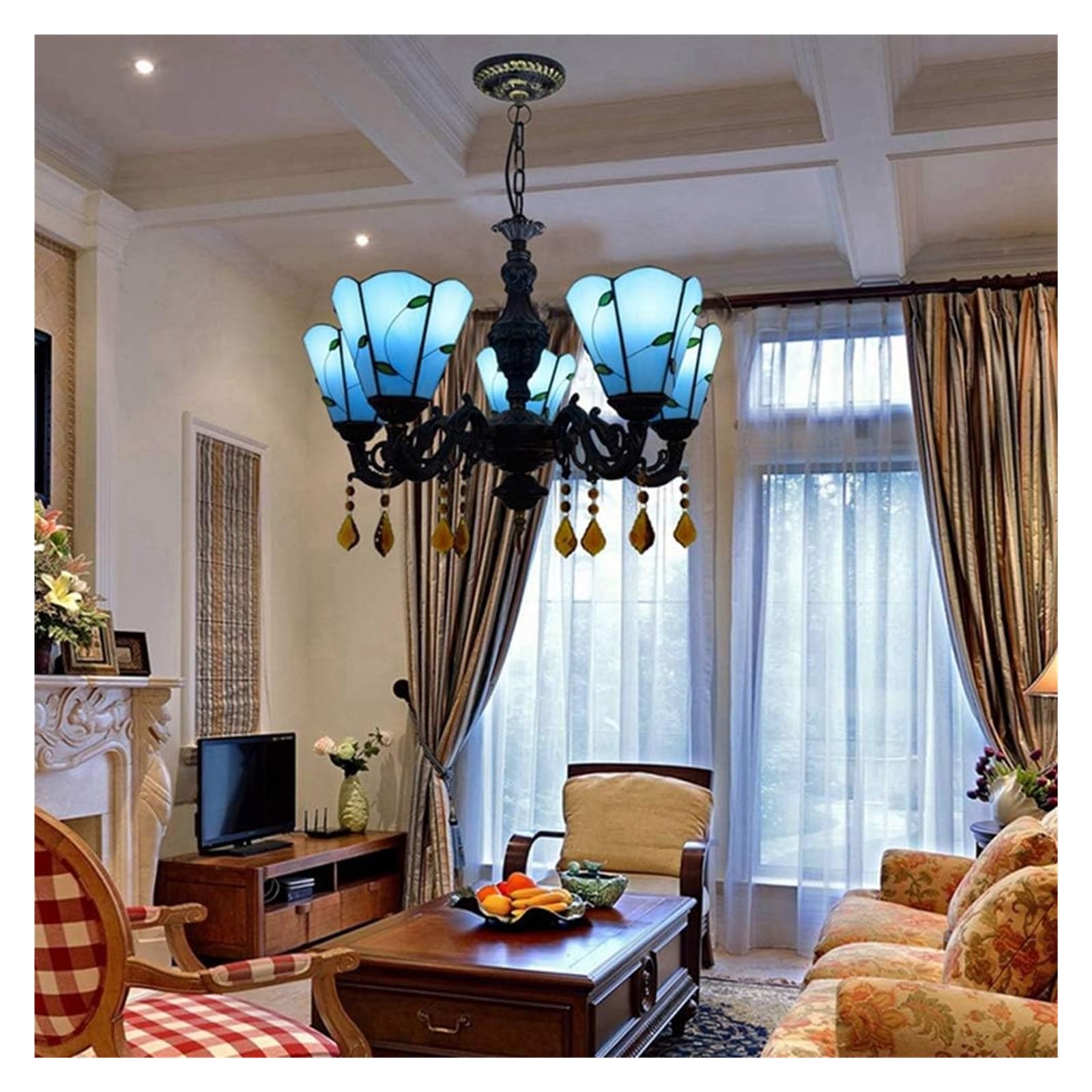 Lampa sufitowa, lampa wisząca, 24" Tiffany, 5-głowicowy żyrandol, lampa wisząca w stylu retro, śródziemnomorski niebieski, lampa wisząca, barwiony na niebiesko
