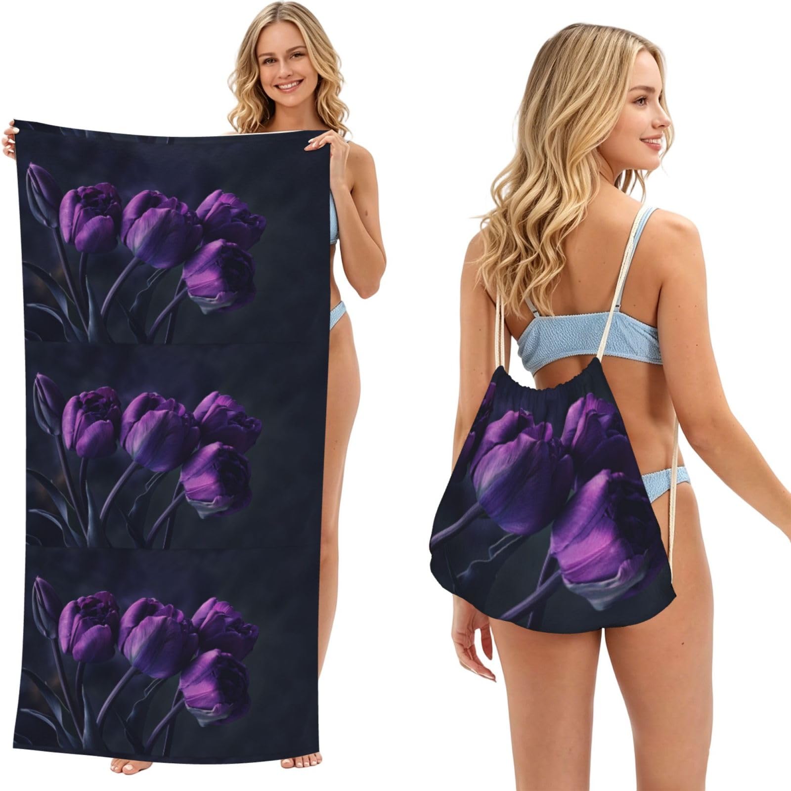 Poadnly As Picture Purple Flowers Background, 2 In 1 Packable Towel Bag, Beach Towels With Drawstring Backpack For Travel Holiday Camping