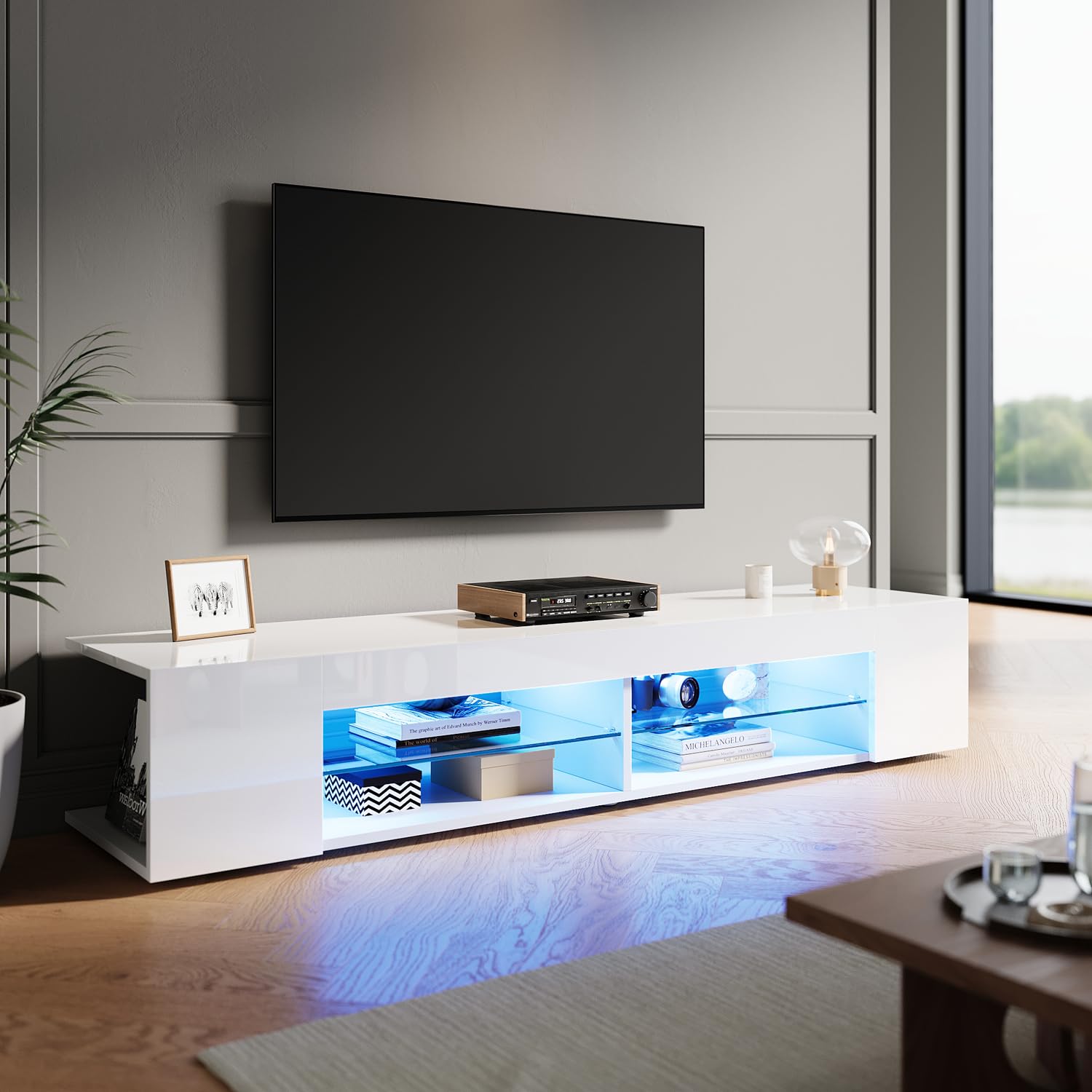 ZANOFIRA TV Stand Cabinet Unit with 16 RGB LED Lights, High Gloss White TV Stand with Glass Shelves & 2 Storage Compartments, 1600 x 390 x 300mm