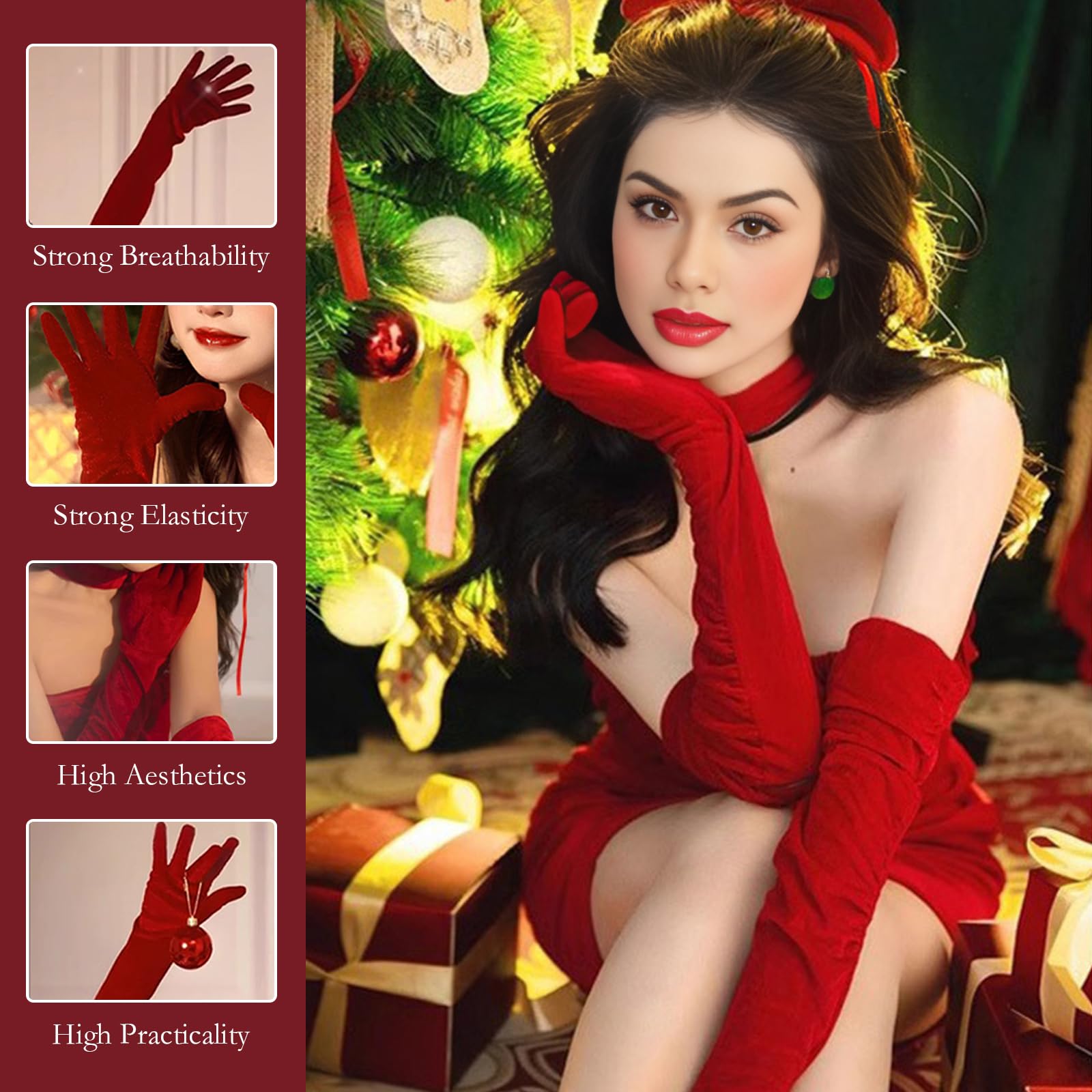 1920s Long Velvet Gloves - Red Touchscreen Gloves for Women's Costume & Evening Wear (Red, 17inches)