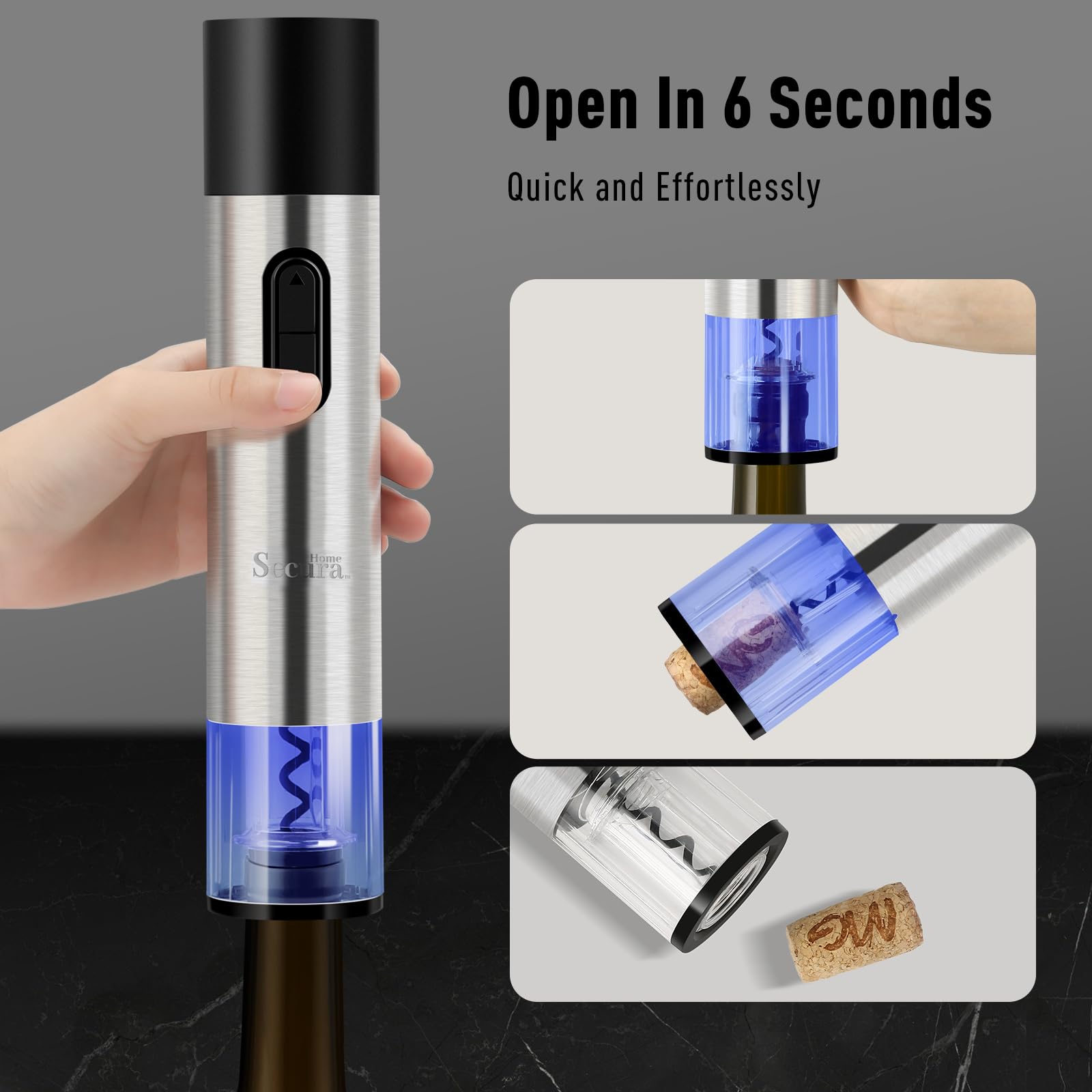 Secura Home Abridor eléctrico de botellas de vino y abridor de cerveza 2 en 1, sacacorchos automático recargable con cortador de aluminio, abridor de vino eléctrico con un solo clic para el hogar