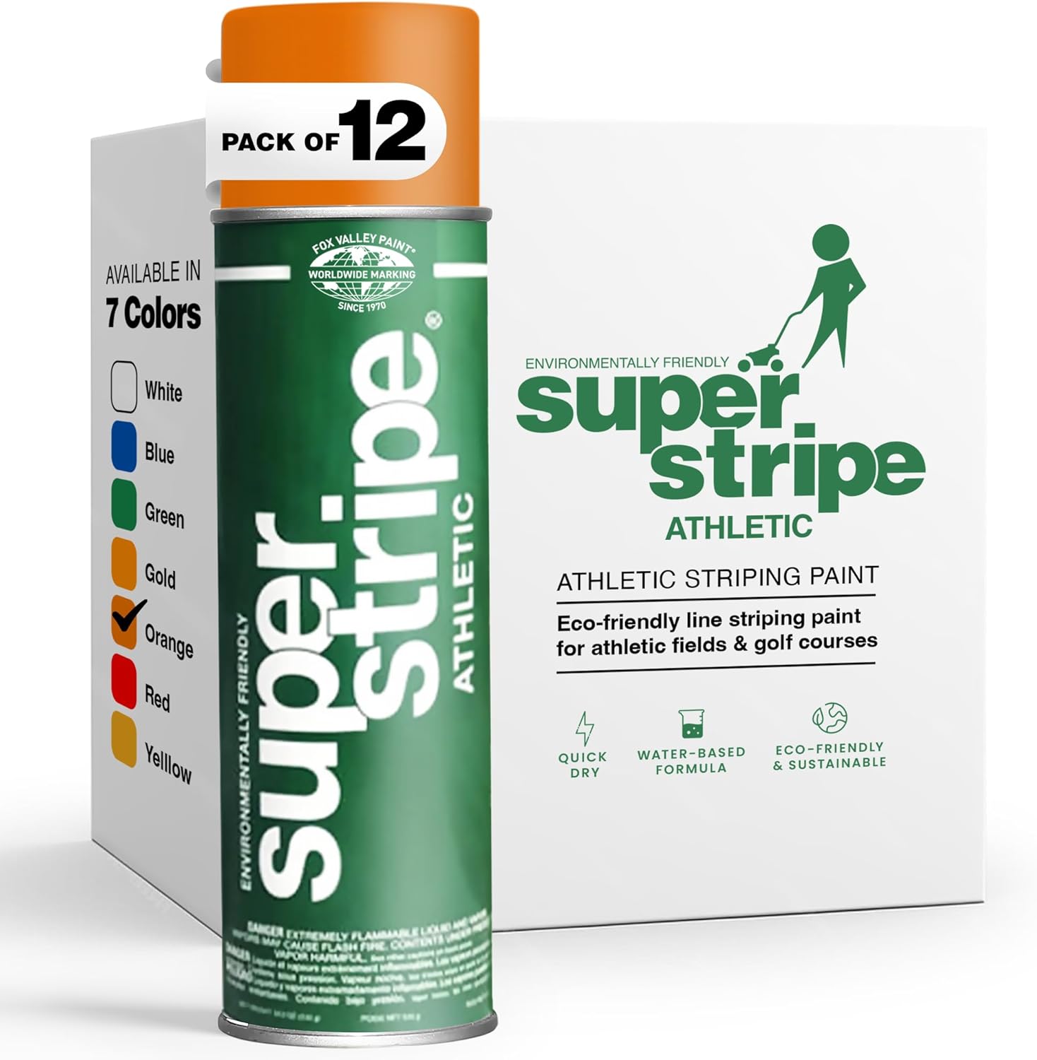 Fox Valley Athletic Hot Orange Field Marking Spray Paint — 18 oz (Pack of 12), Easy-to-Use Water-Based Grass and Turf Field Marking Paint — Ideal for Tennis, Basketball Courts and Athletic Fields