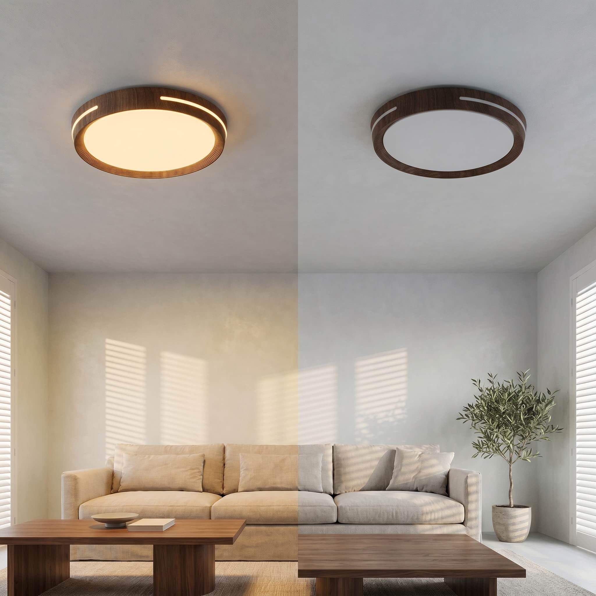 BARCELONA LED Plafón LED Techo 24W Ø40cm CCT Regulable 3000K-6000K, Diseño Madera Moderna con Efecto Luz Lateral, Lámpara Techo LED Redonda para Salón Dormitorio Cocina Oficina 2500lm