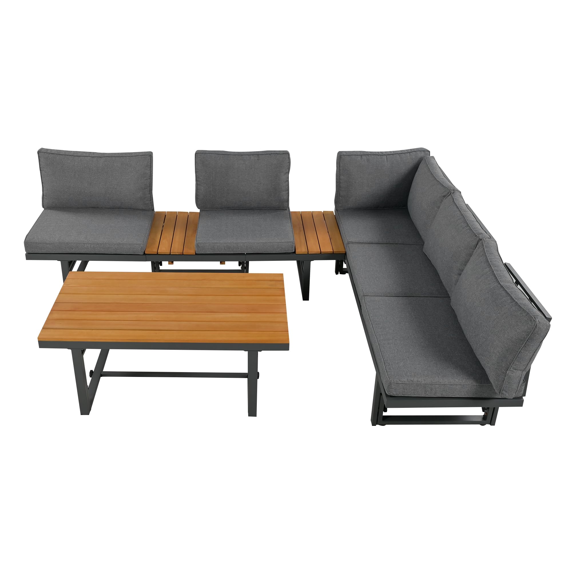Set di mobili da giardino, grigio, 3 pezzi, con 2 divani, tavolo, struttura in ferro verniciato a polvere, schienale regolabile, in legno di acacia, tavolo regolabile, con tutti i cuscini e
