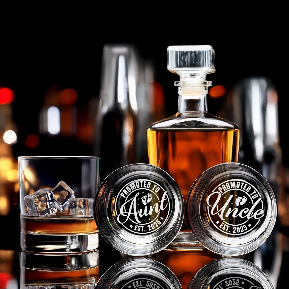 Perfectinsoy Promoted To Aunt Uncle Funny Whiskey Glasses with Gift Box, Personalized Bottom Printed Whiskey Glasses, Pregnancy Announcement Gifts for Brothers Sisters - Gifts for New Uncles New Aunts