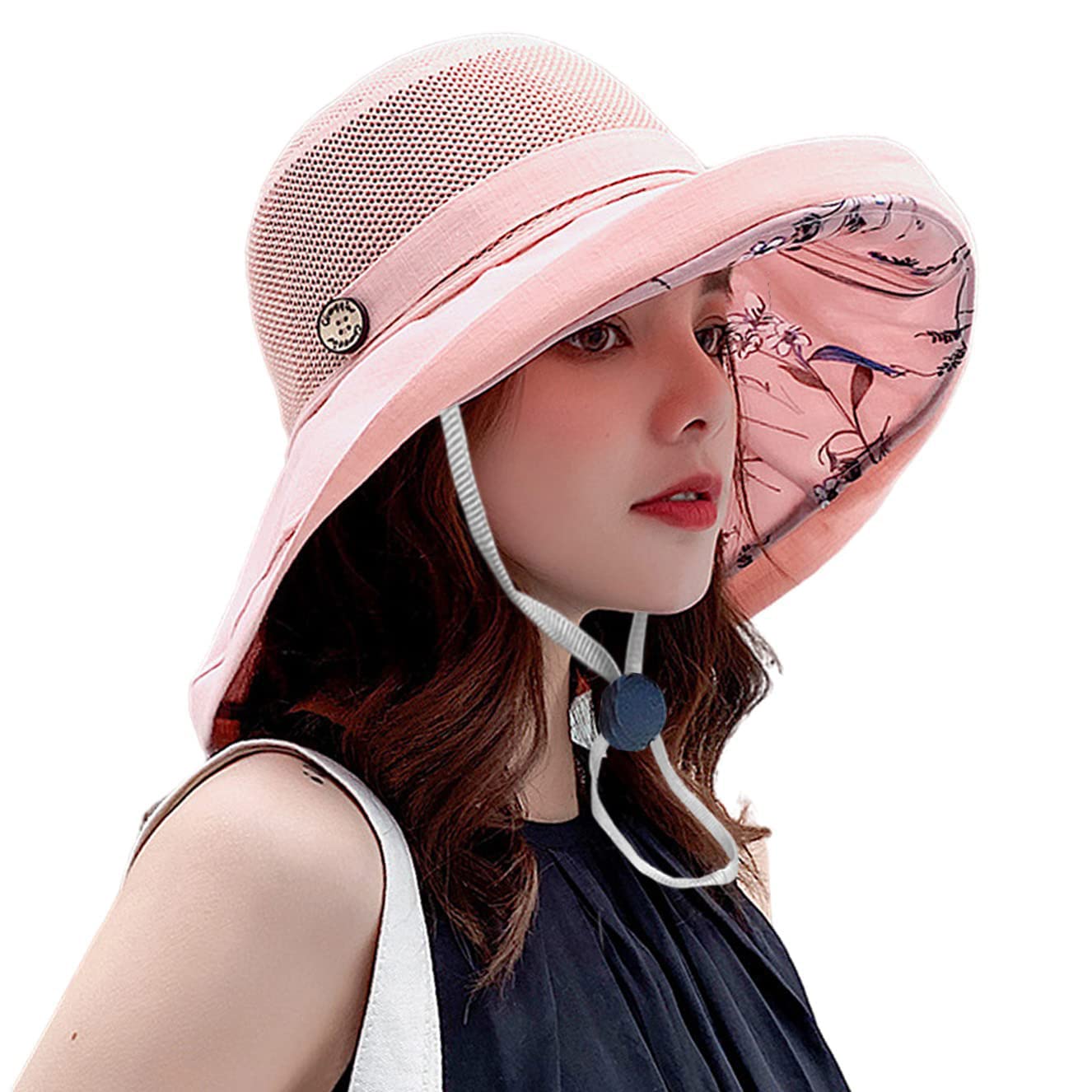 HUAMULANWomen Cotton Wide Brim Sun Hats Metal Wired Edge Summer UV Protection UPF Boho Hat for Beach Hiking Garden Travel Chin Strap