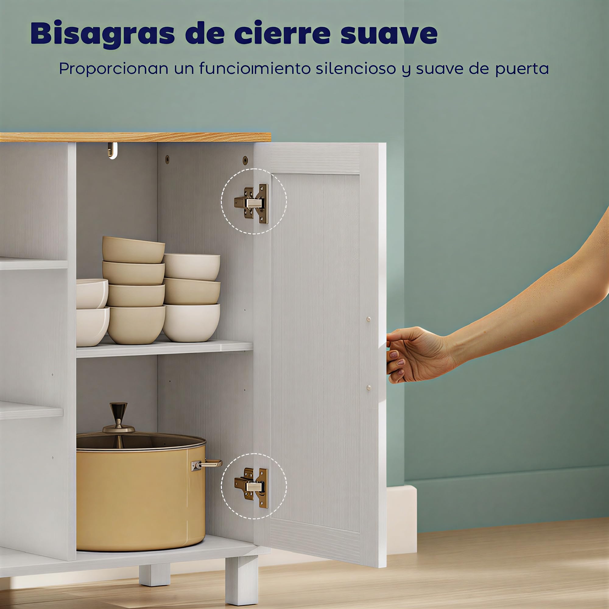 HOMCOM Aparador de 3 Puertas de Cierre Suave, Aparador de Salón con Estantes Ajustables, Compartimento Abierto, Patas de Madera, para Cocina, Entrada, Dormitorio, Blanco, 110x33x75 cm