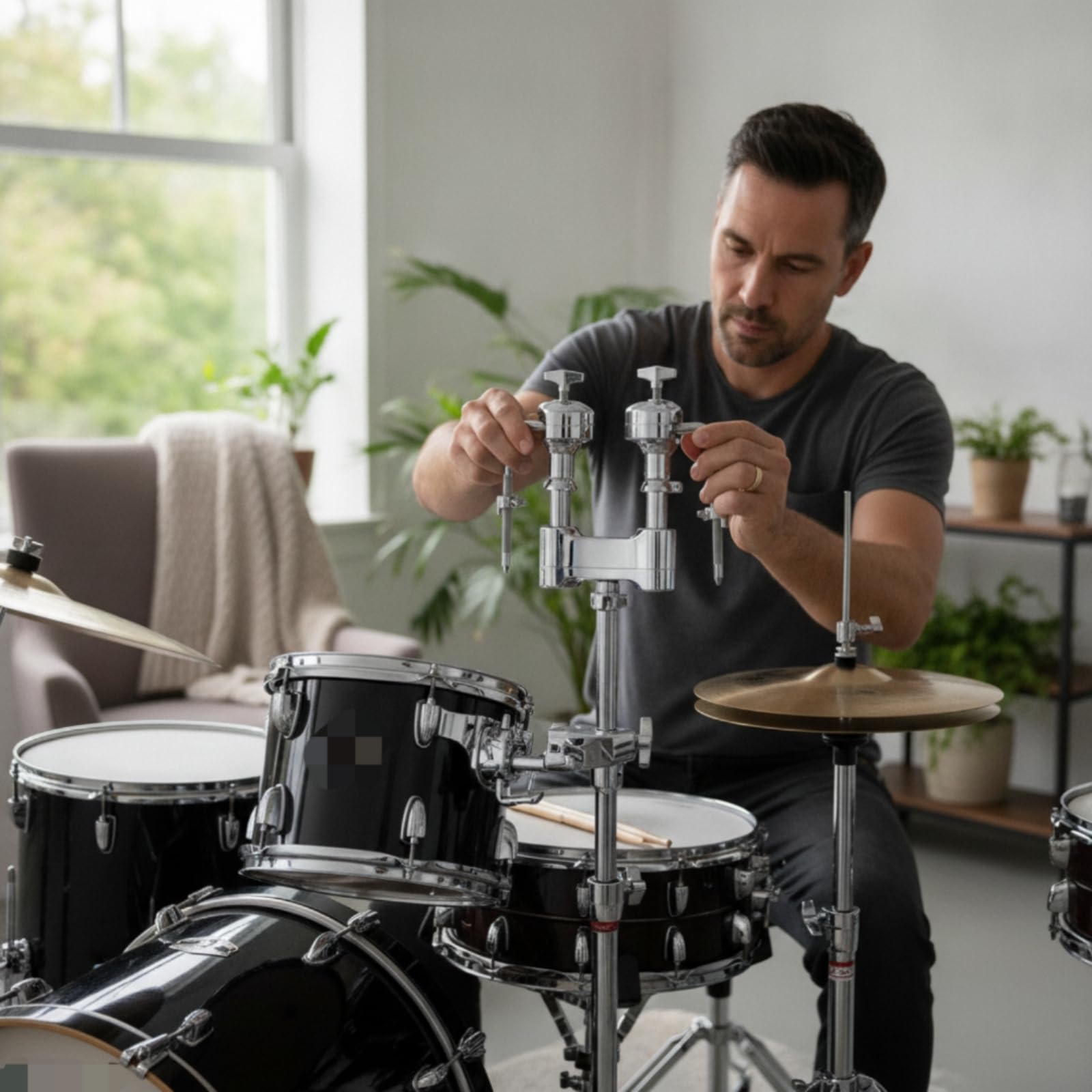 Amagogo Supporto Hardware per Batteria Staffa Tamburo Staffa Tom Morsetto Regolabile Due Prese Montaggio Versatile Aste a L Antiscivolo Lega Cromata Adatto a Sessioni in Studio Spettacoli Prove