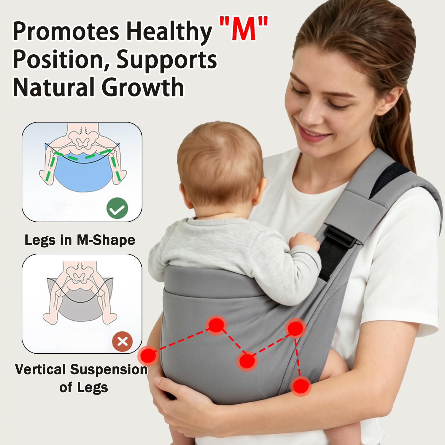 Portabebés ergonómico con soporte de cadera para niños pequeños, transportador lateral asistido con correa de hombro ajustable, ligero para niños de 3 a 36 meses (gris)
