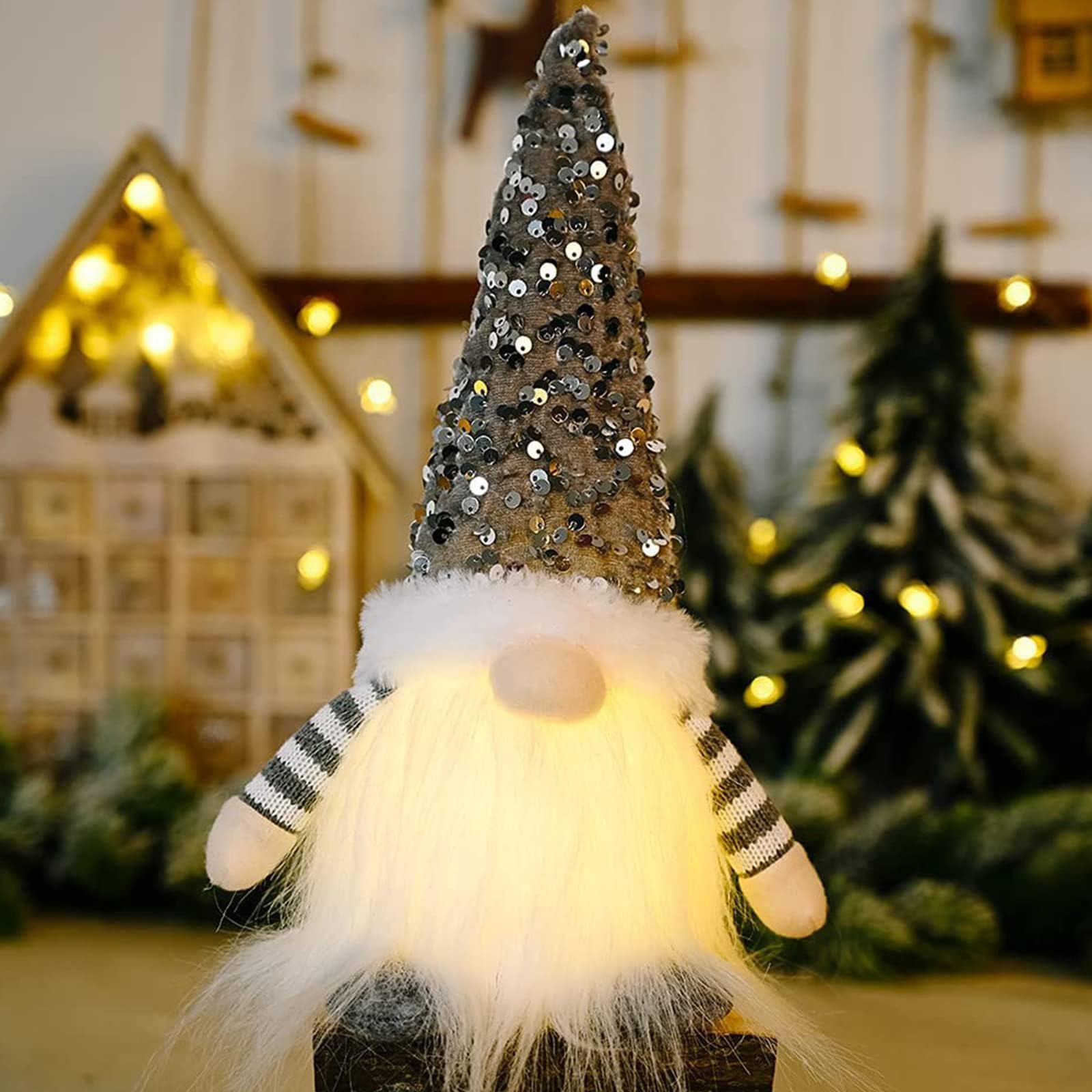 VUCATIN Christmas Light Up Gnome, Elf Gonk Christmas LED Light, Handmade Christma Swedish Santa Gnomes with Light, Glitter Hat Christma Craft (Grey)