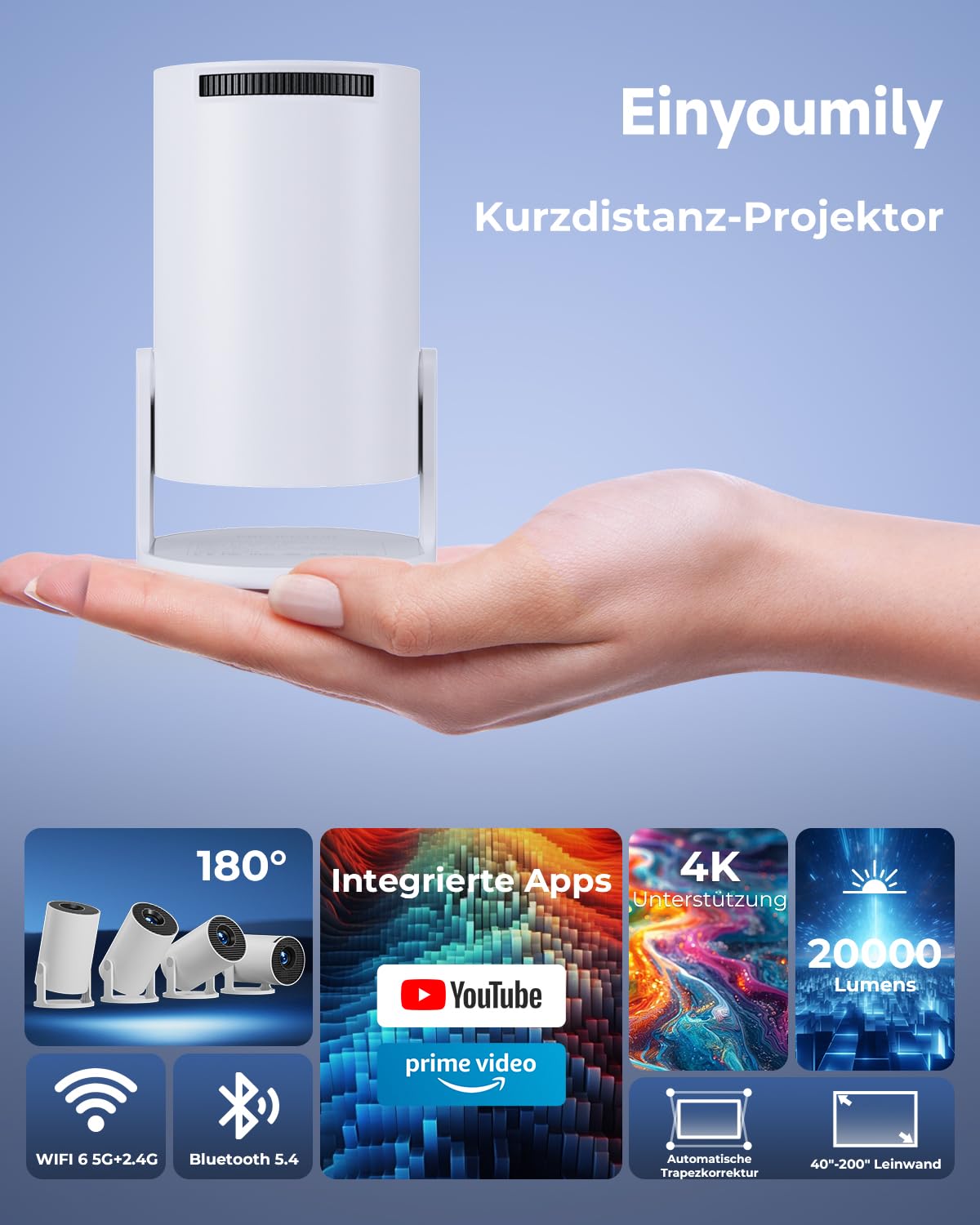 Mini Beamer 4K Unterstützt, 2026 Neuer Beamer Integrierte APP, 20000 Lumens mit Android 14, Automatische Trapezkorrektur, WiFi 6 und Bluetooth 5.4, 180° Dreh Projektor Tragbar Heimkino