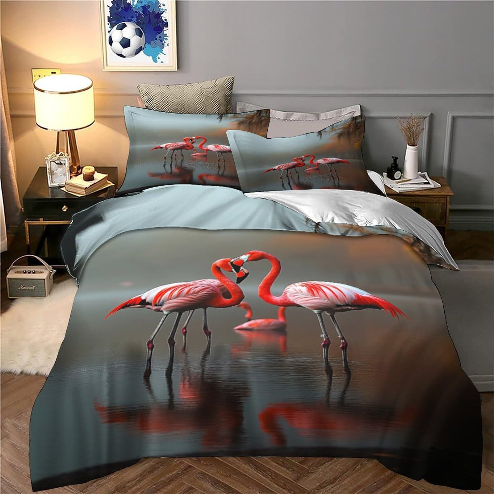 Flamingo-Pärchen 3D-Druck 3er-Set Bettbezug Romantische Naturszene Bettdeckenbezug Mikrofaser Staubmilbenfest Atmungsaktiv für Kinder Jungen Erwachsene Super King（260x220cm）
