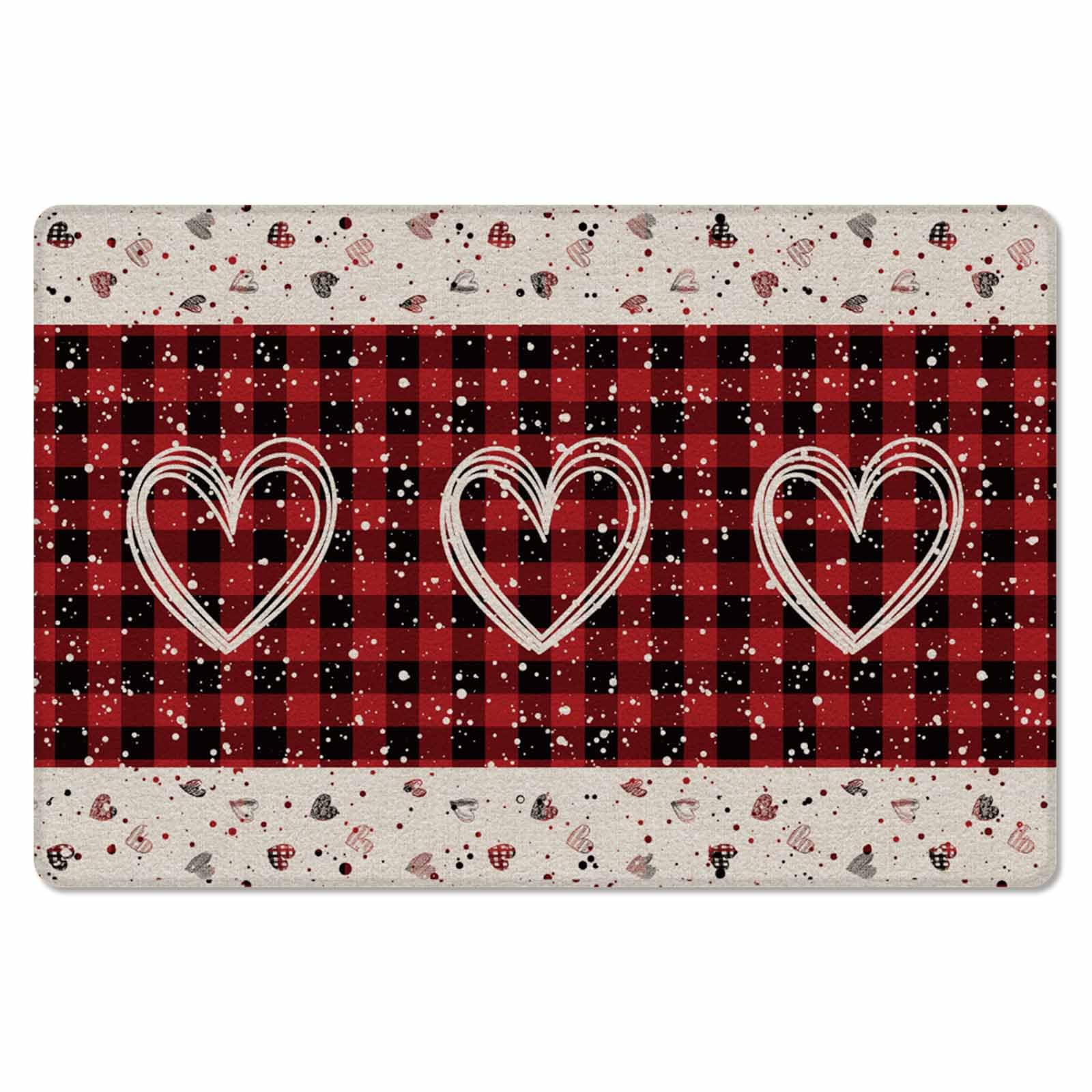 Valentine's Day Kitchen Bath Door Mat Cushioned Runner Rug,Washable Welcome Floor Sink Antifatigue Mat,Waterproof & Non-Slip Comfort Standing Doormat,Romantic Love Farmhouse Red Buffalo Plaid 20