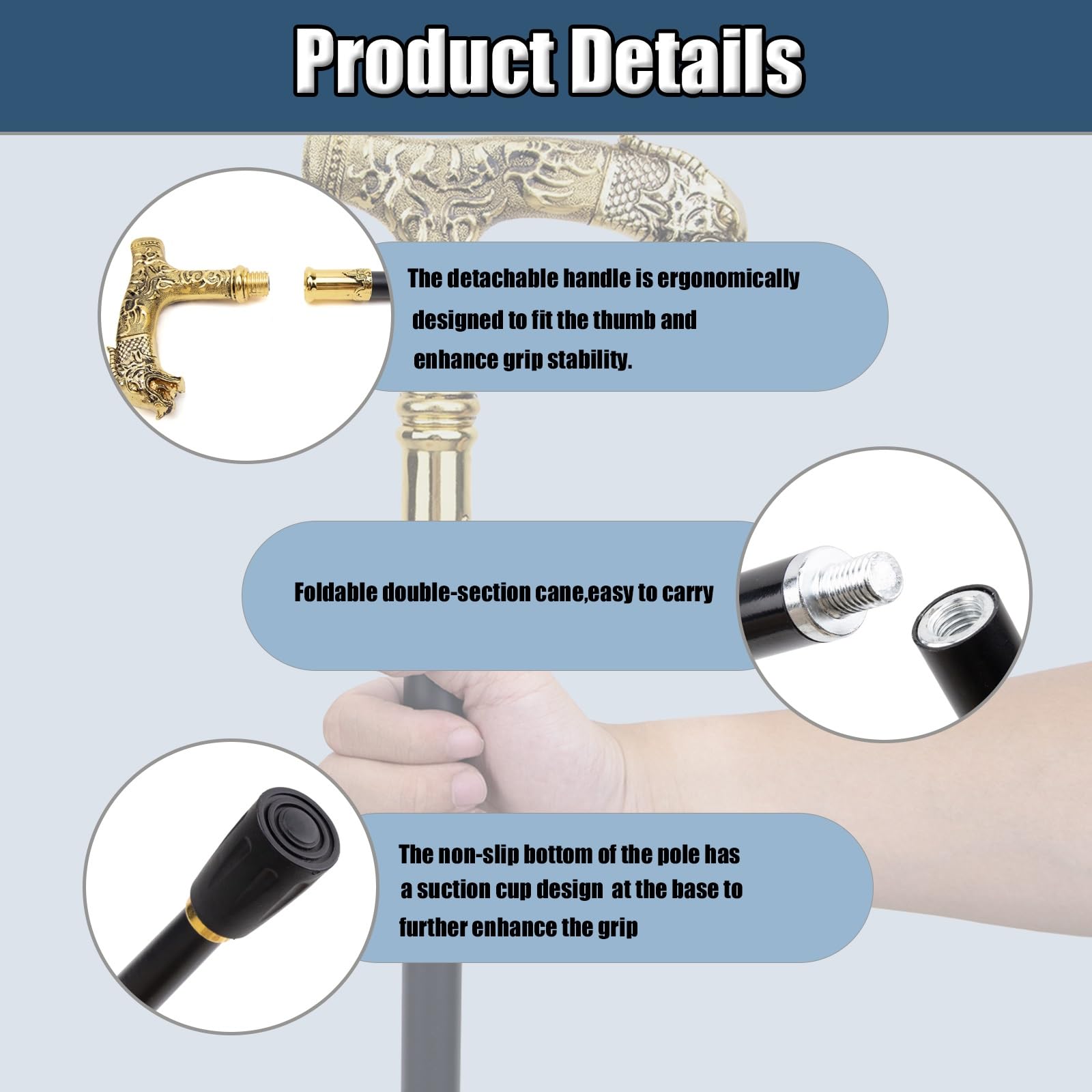 Bastón con Diseño de Dragón Dorado, Bastón de Lujo Para Hombre y Mujer, Cetro Antideslizante Extraíble para Cosplay y Fiestas Estilo Vintage 93 Cm